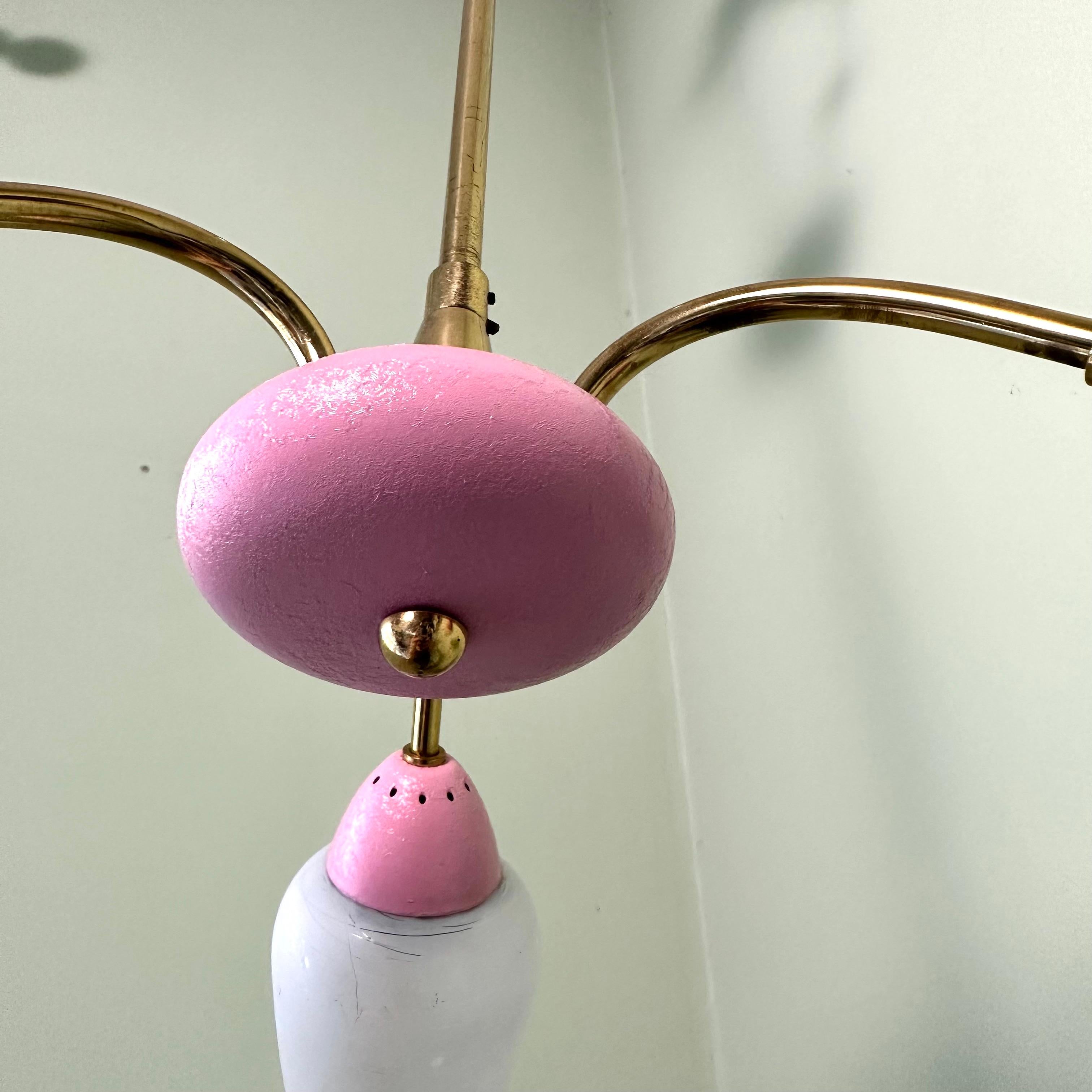 Mid-20th Century Pink Vintage Midcentury 3 Arm Sputnik Chandelier with Brass and Glass For Sale