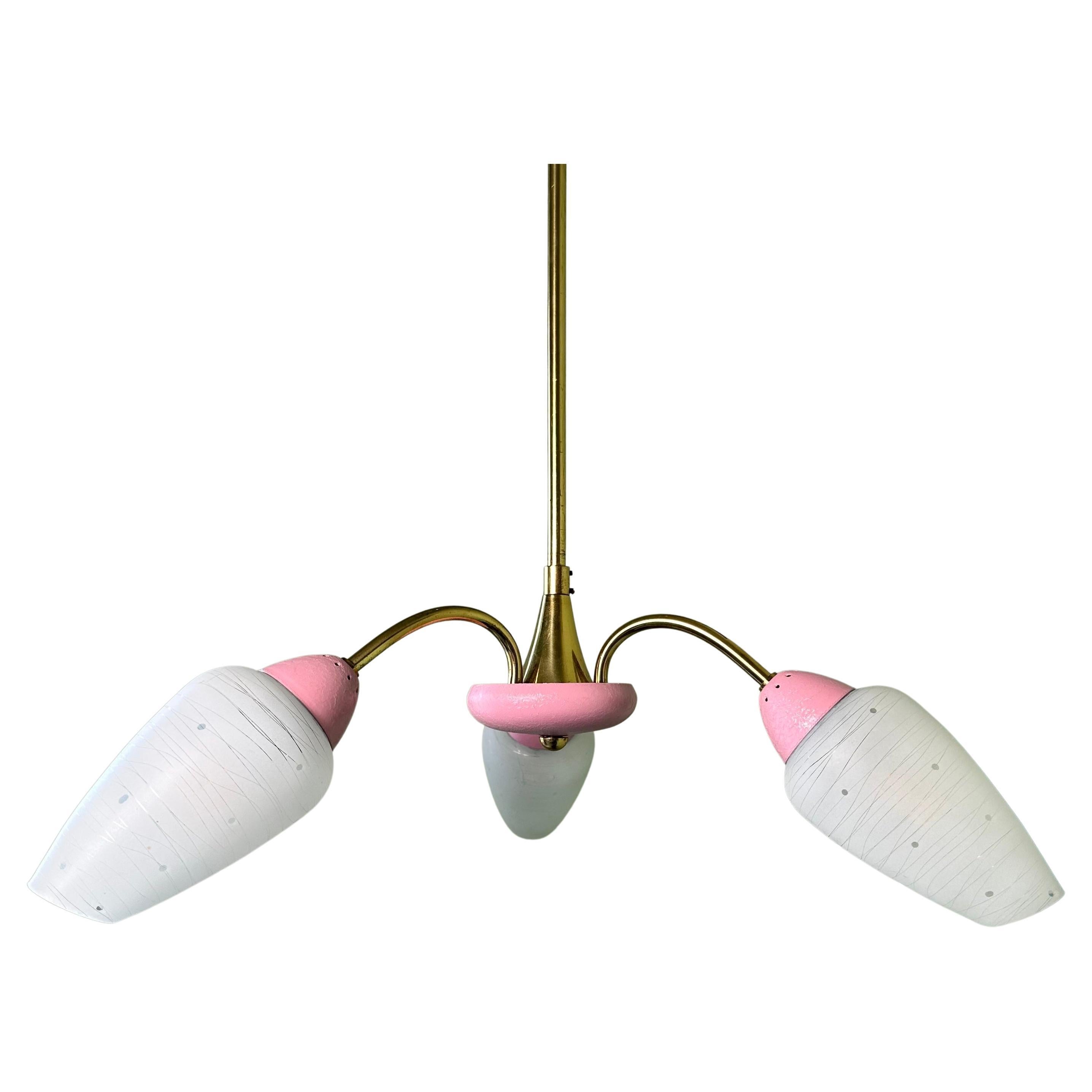 Pink Vintage Midcentury 3 Arm Sputnik Chandelier with Brass and Glass For Sale