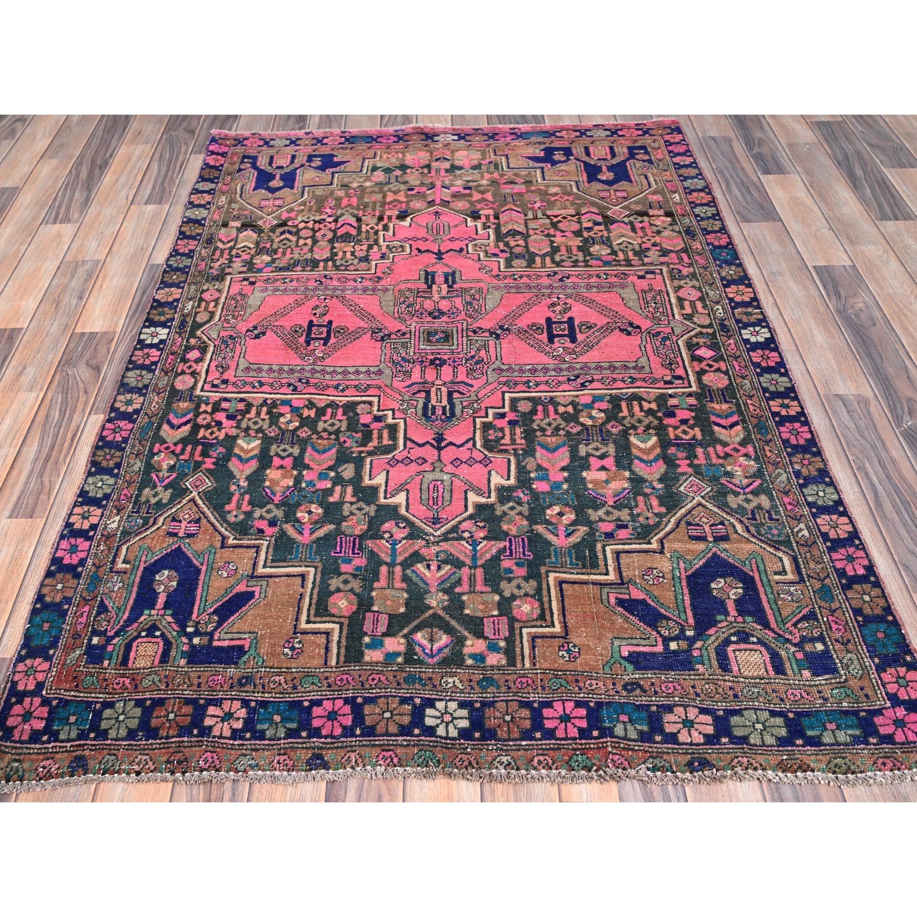 Medieval Pink Vintage Persian Hamadan Hand Knotted Rustic Look Evenly Worn Soft Wool Rug For Sale
