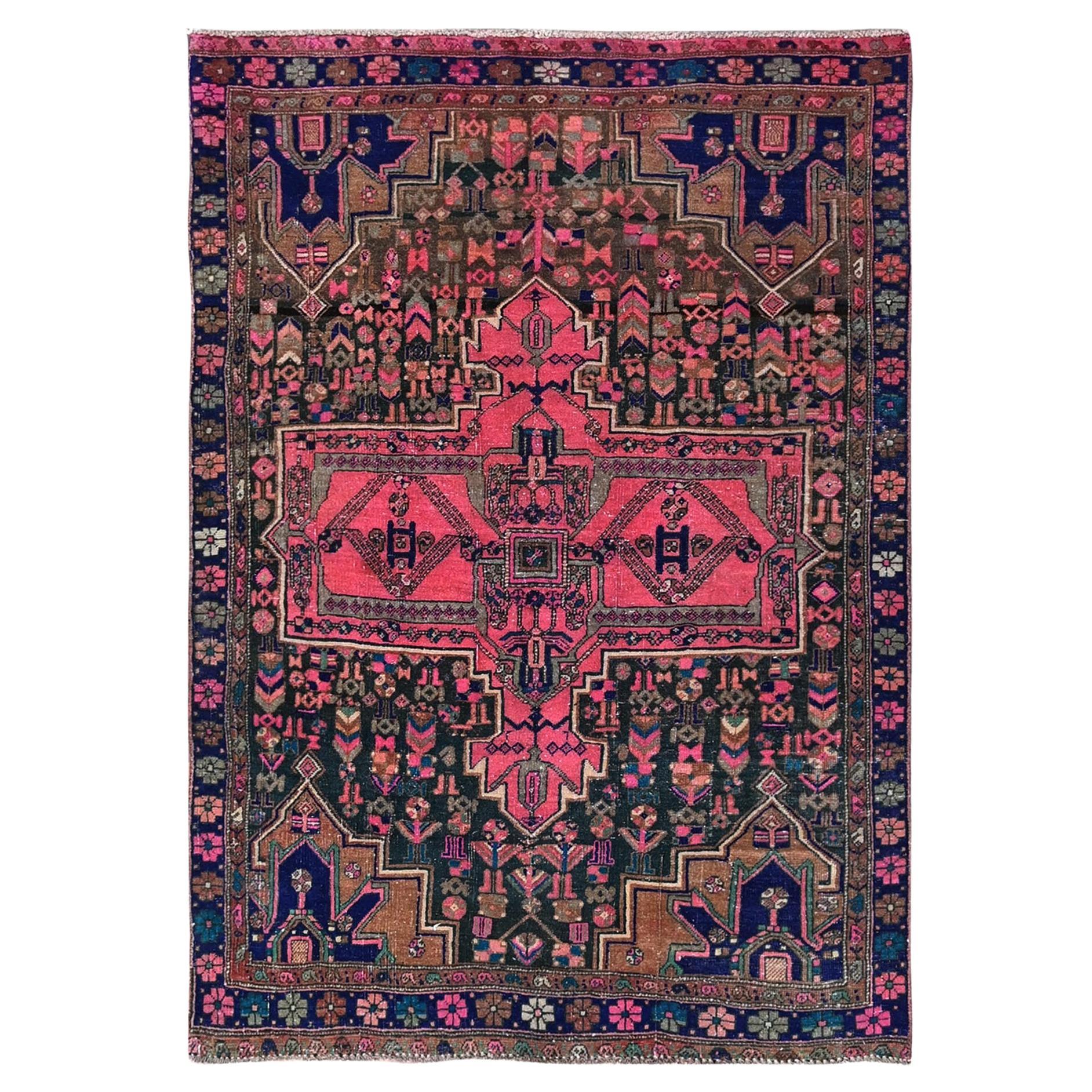 Pink Vintage Persian Hamadan Hand Knotted Rustic Look Evenly Worn Soft Wool Rug For Sale