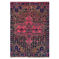 Pink Retro Persian Hamadan Hand Knotted Rustic Look Evenly Worn Soft Wool Rug