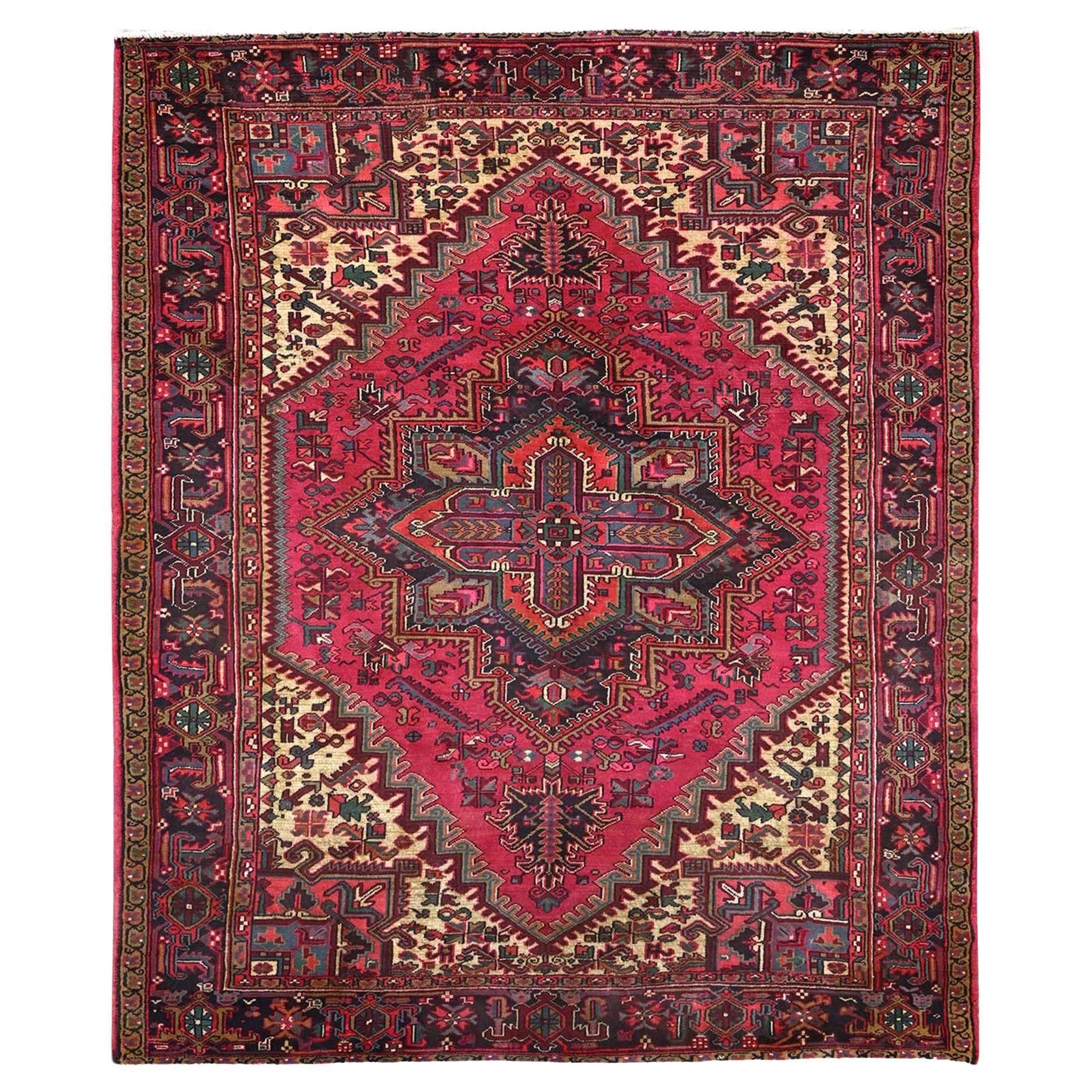 Pink Vintage Persian Heriz Pure Wool Hand Knotted Clean Distressed Look Rug