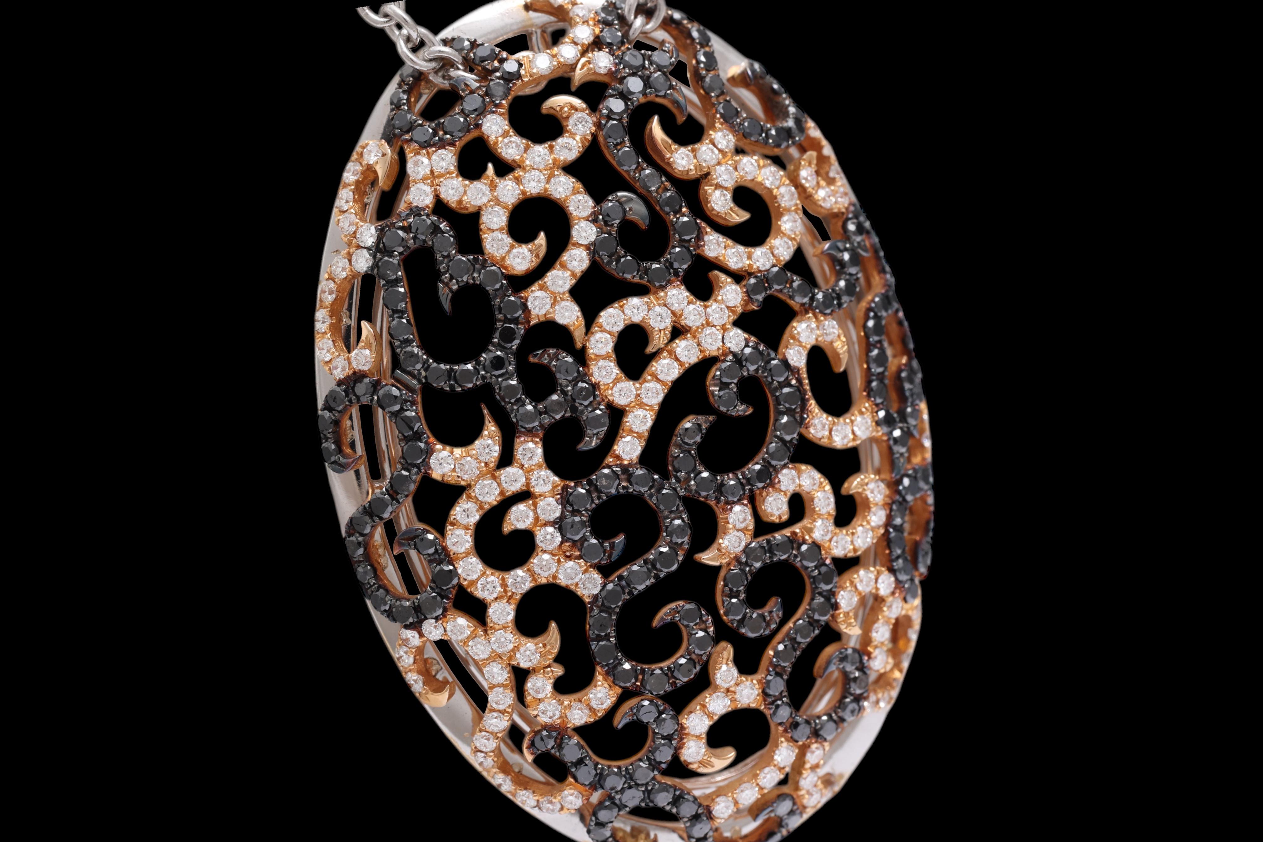 Women's or Men's Pink & White 18 Kt Gold Necklace with White & Black Diamonds For Sale