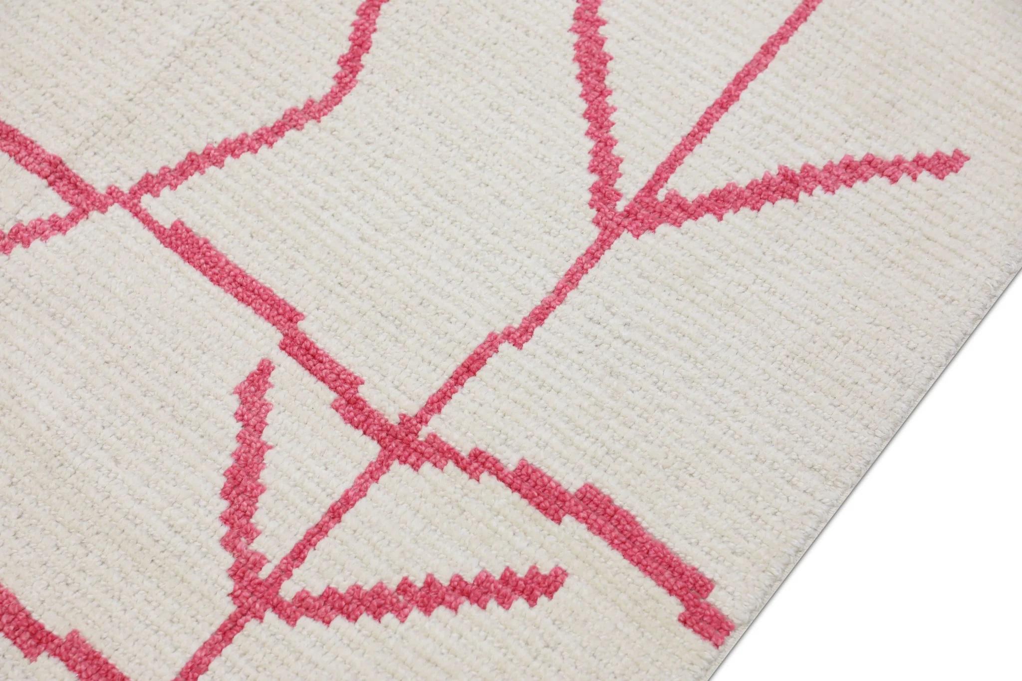 Hand-Woven Pink & White 21st Century Modern Moroccan Style Wool Rug 9'3