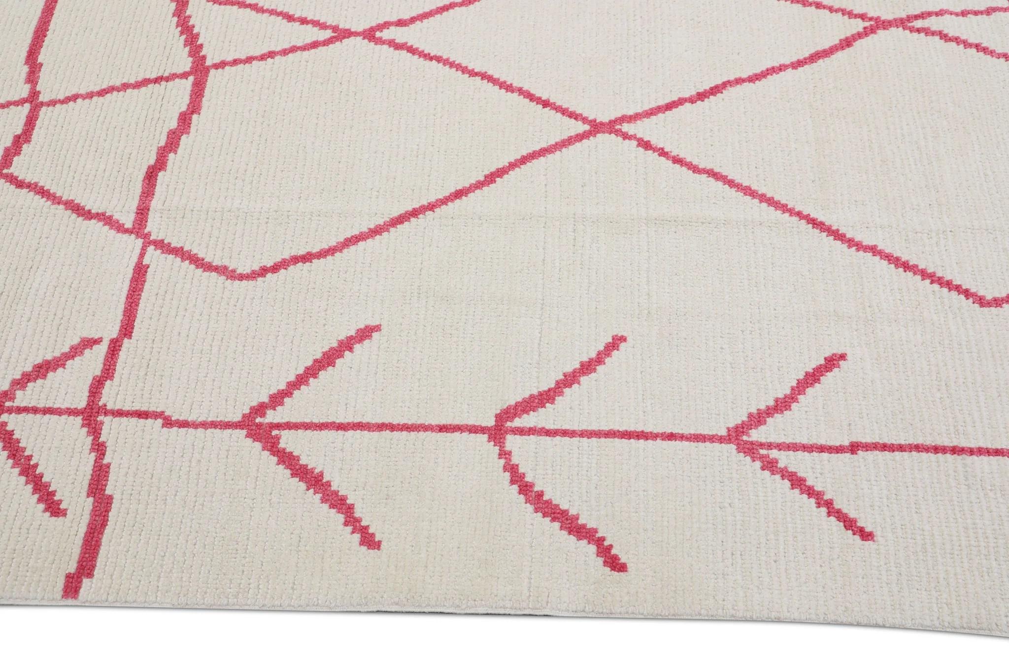 Contemporary Pink & White 21st Century Modern Moroccan Style Wool Rug 9'3