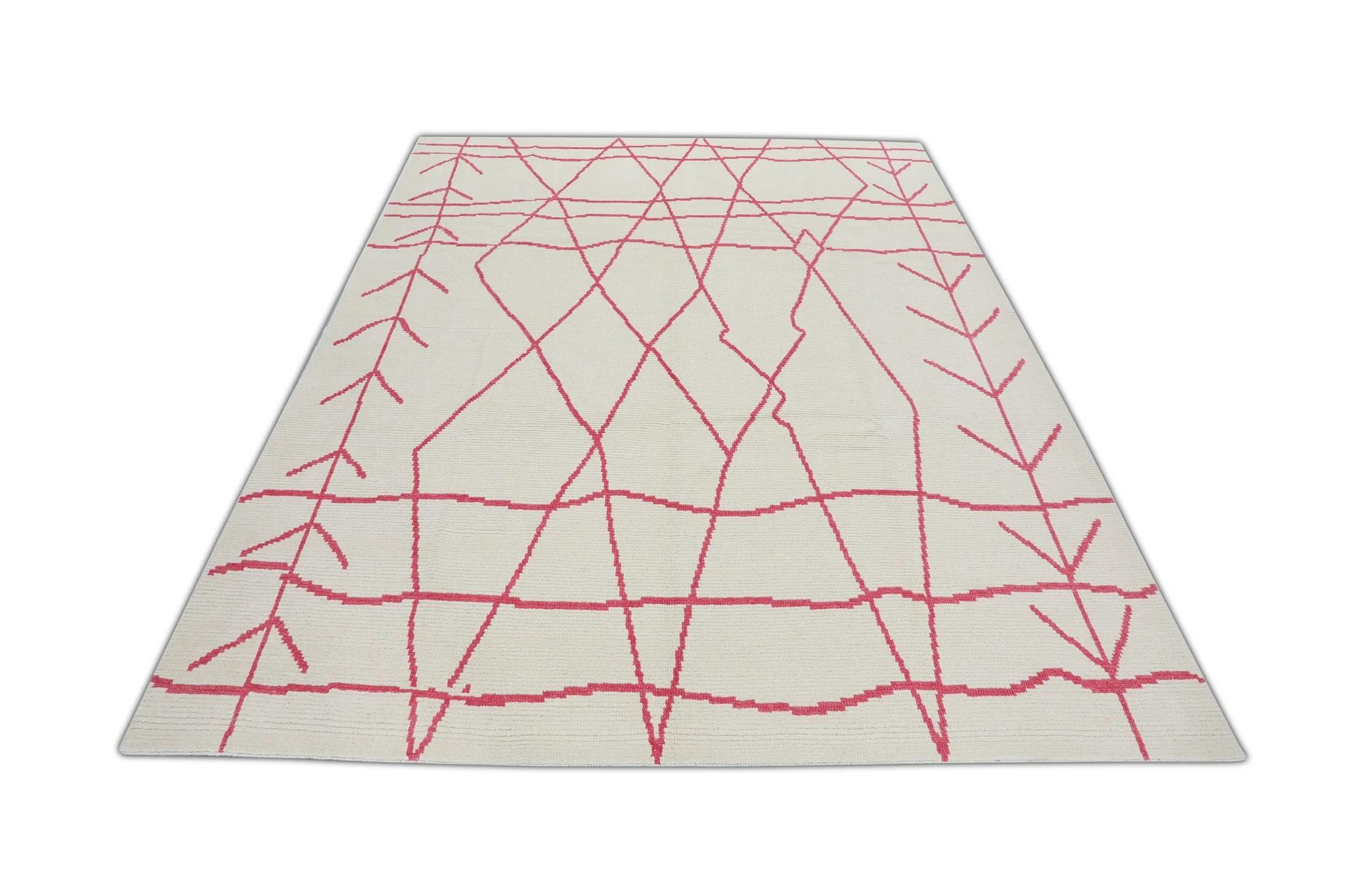 Pink & White 21st Century Modern Moroccan Style Wool Rug 9'3