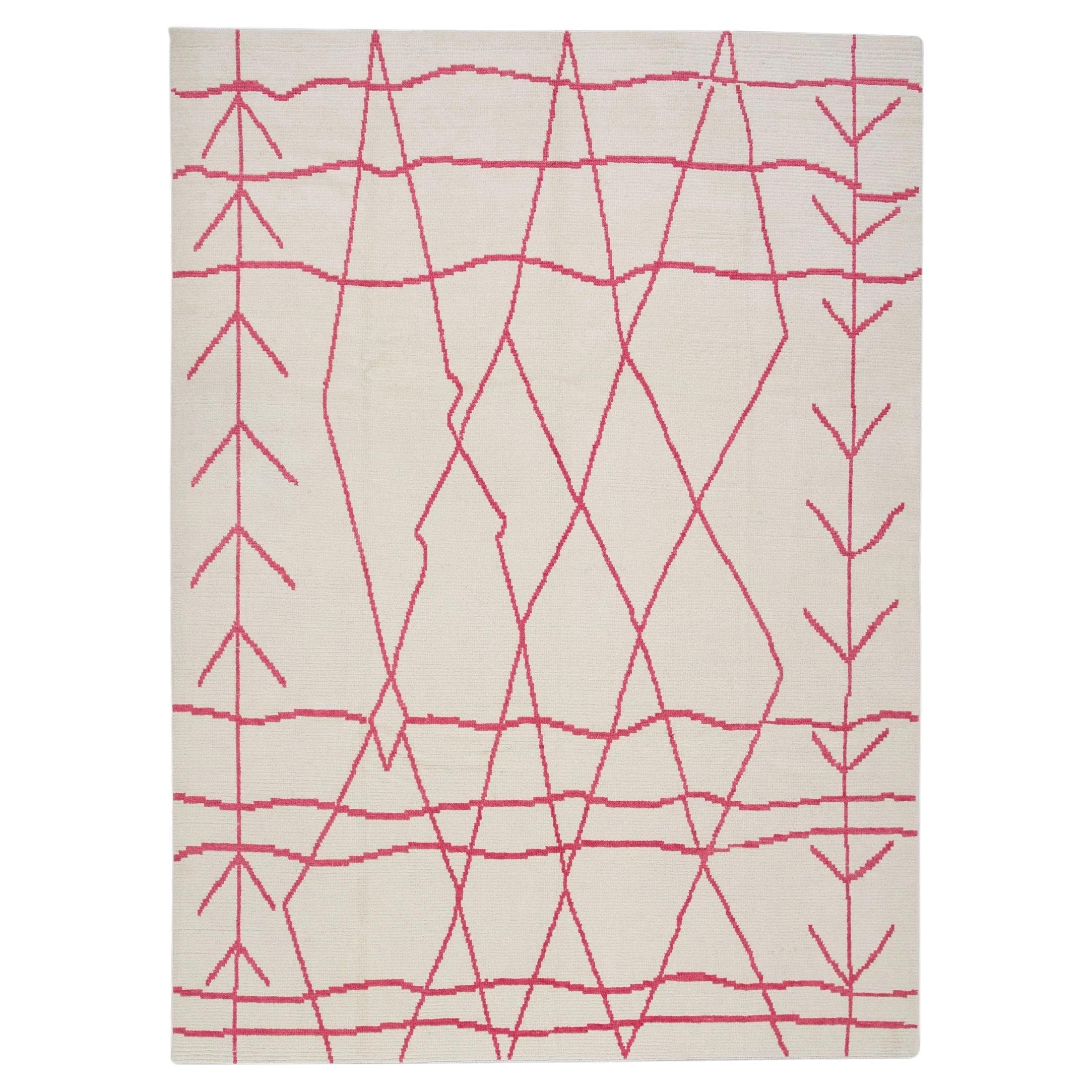 Pink & White 21st Century Modern Moroccan Style Wool Rug 9'3" x 12'5" For Sale