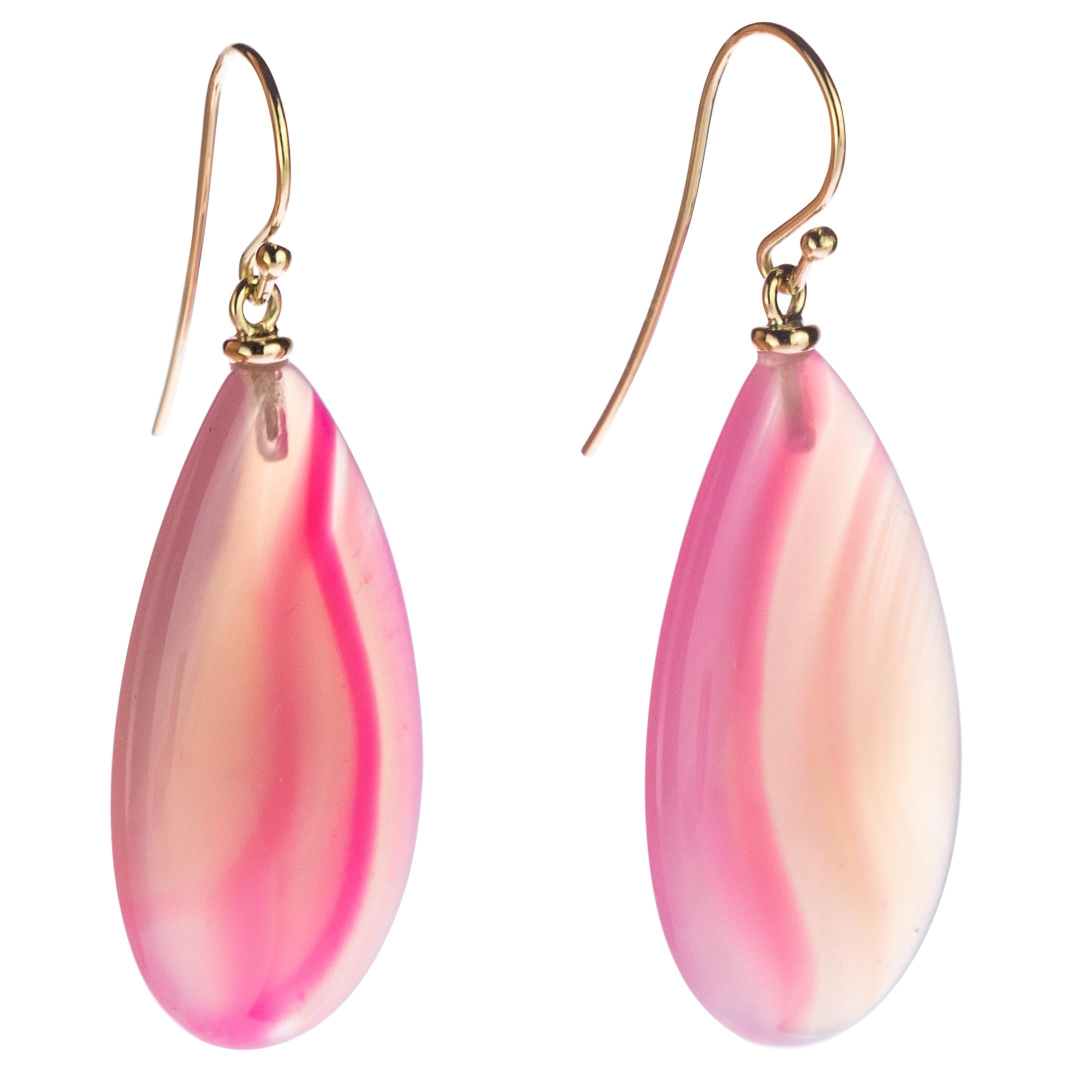 Pink White Agate 18 Karat Yellow Gold Briolette Tear Drop Long Cocktail Earrings For Sale