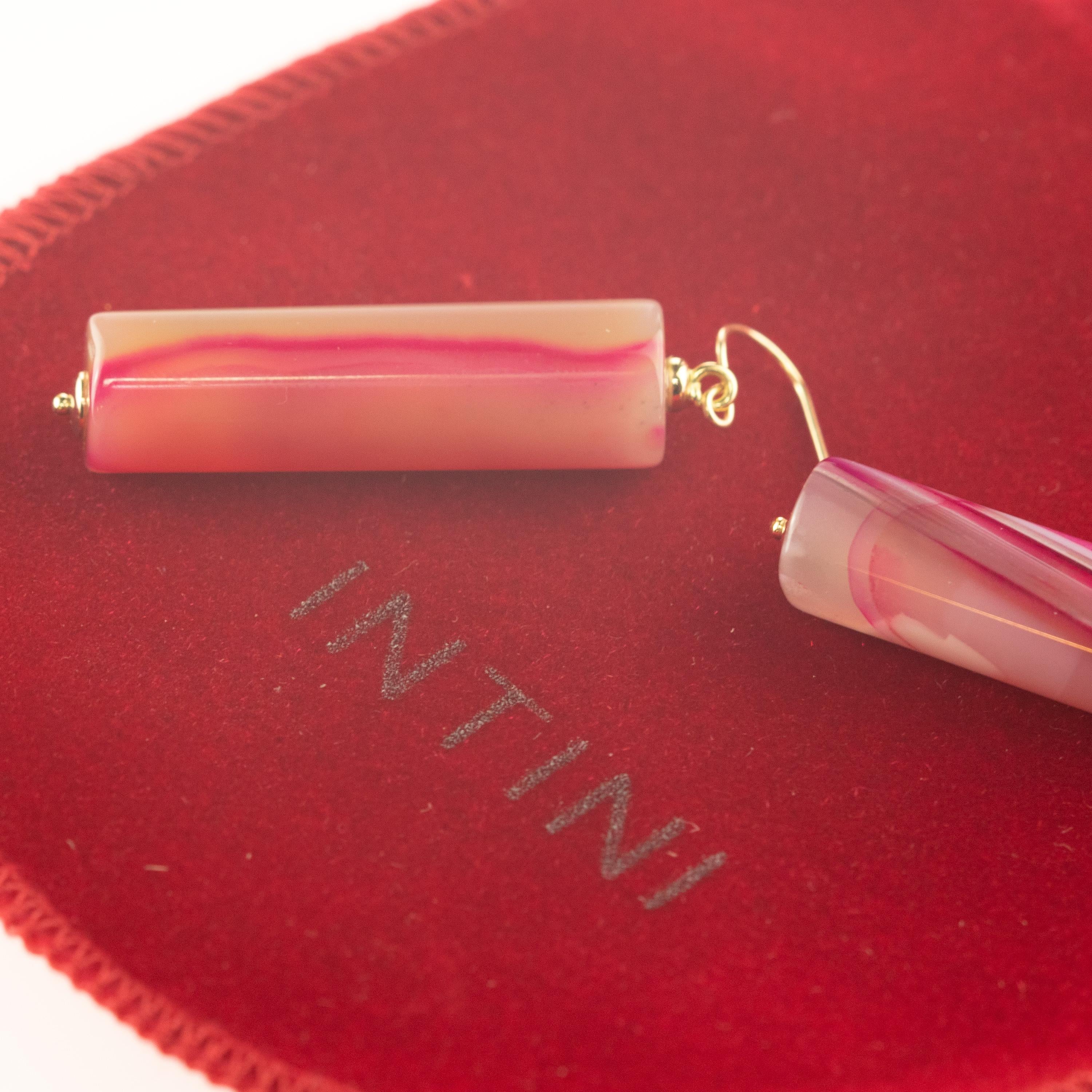 Pink White Agate 18 Karat Yellow Gold Tubes Handmade Cocktail Dangle Earrings In New Condition For Sale In Milano, IT