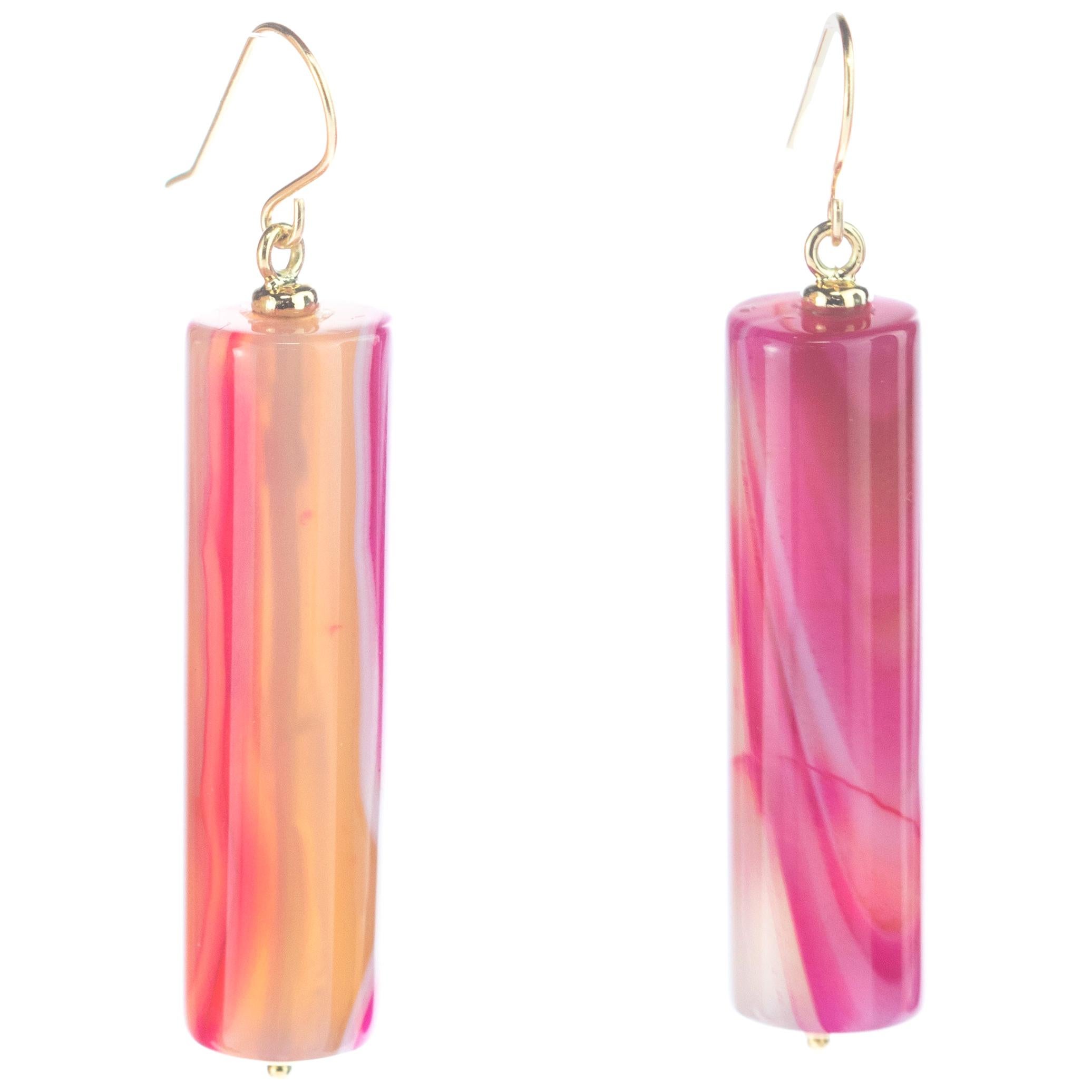 Pink White Agate 18 Karat Yellow Gold Tubes Handmade Cocktail Dangle Earrings For Sale