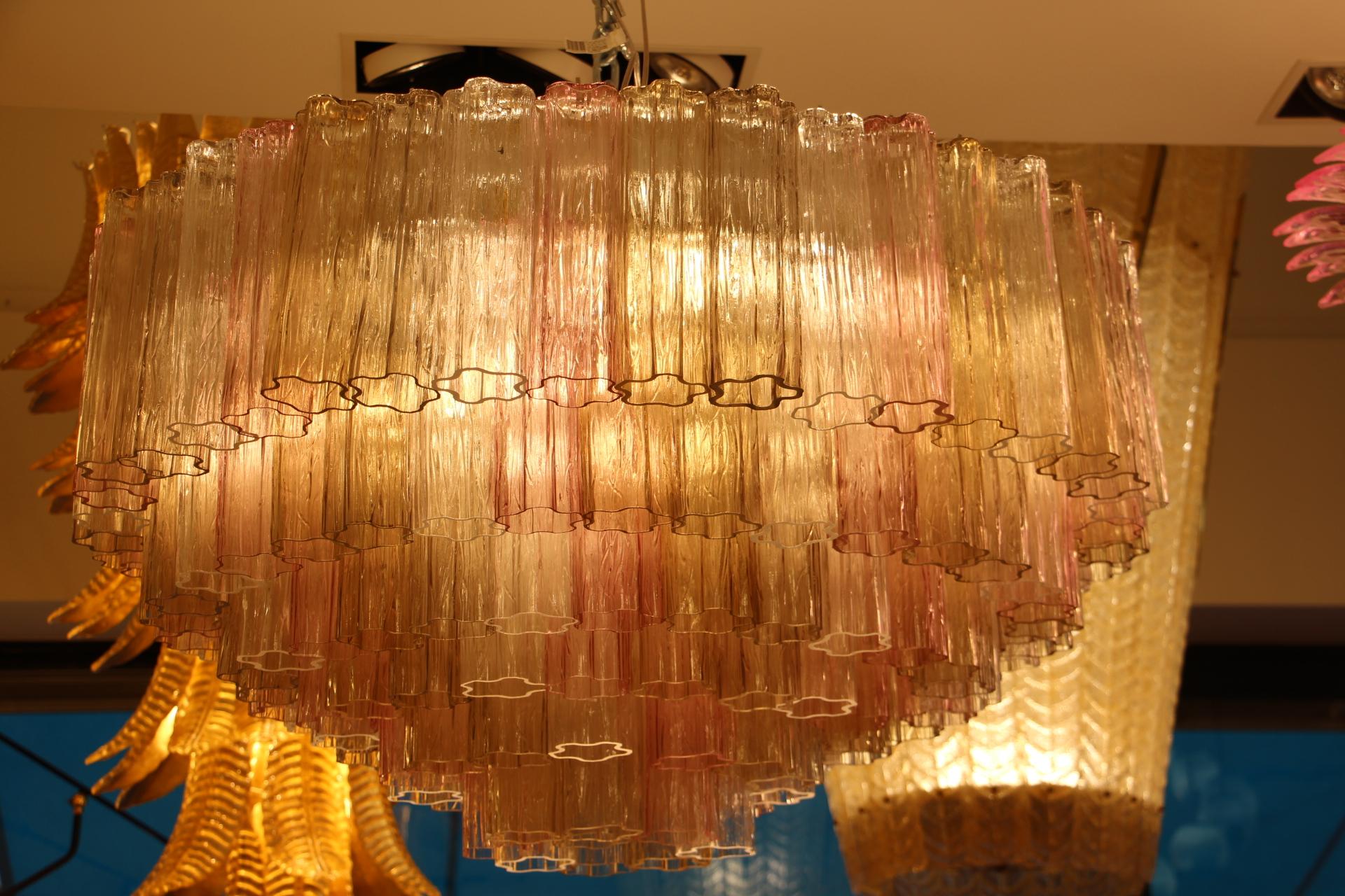 Pink, White and Amber Color Venini Style Tronchi Round Chandelier, Murano Glass For Sale 3