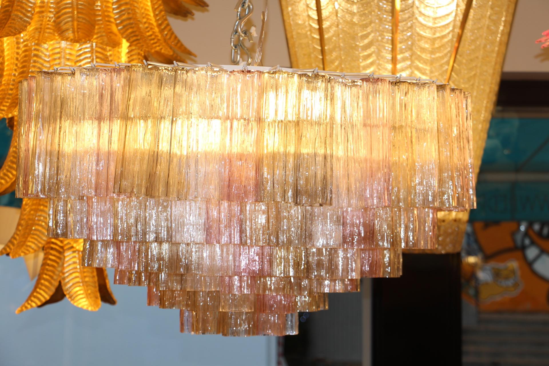 Pink, White and Amber Color Venini Style Tronchi Round Chandelier, Murano Glass 2
