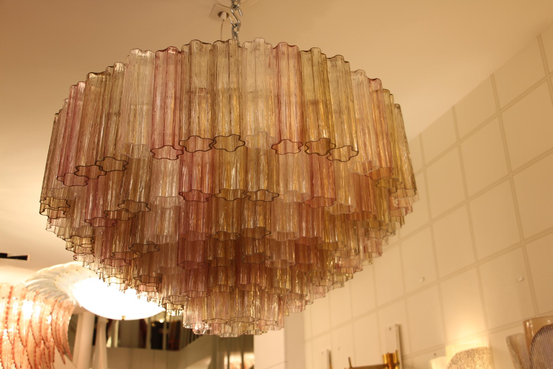 Rosa, weiß und bernsteinfarbener Venini Stil Tronchi Runder Kronleuchter, Murano Glas im Angebot 5