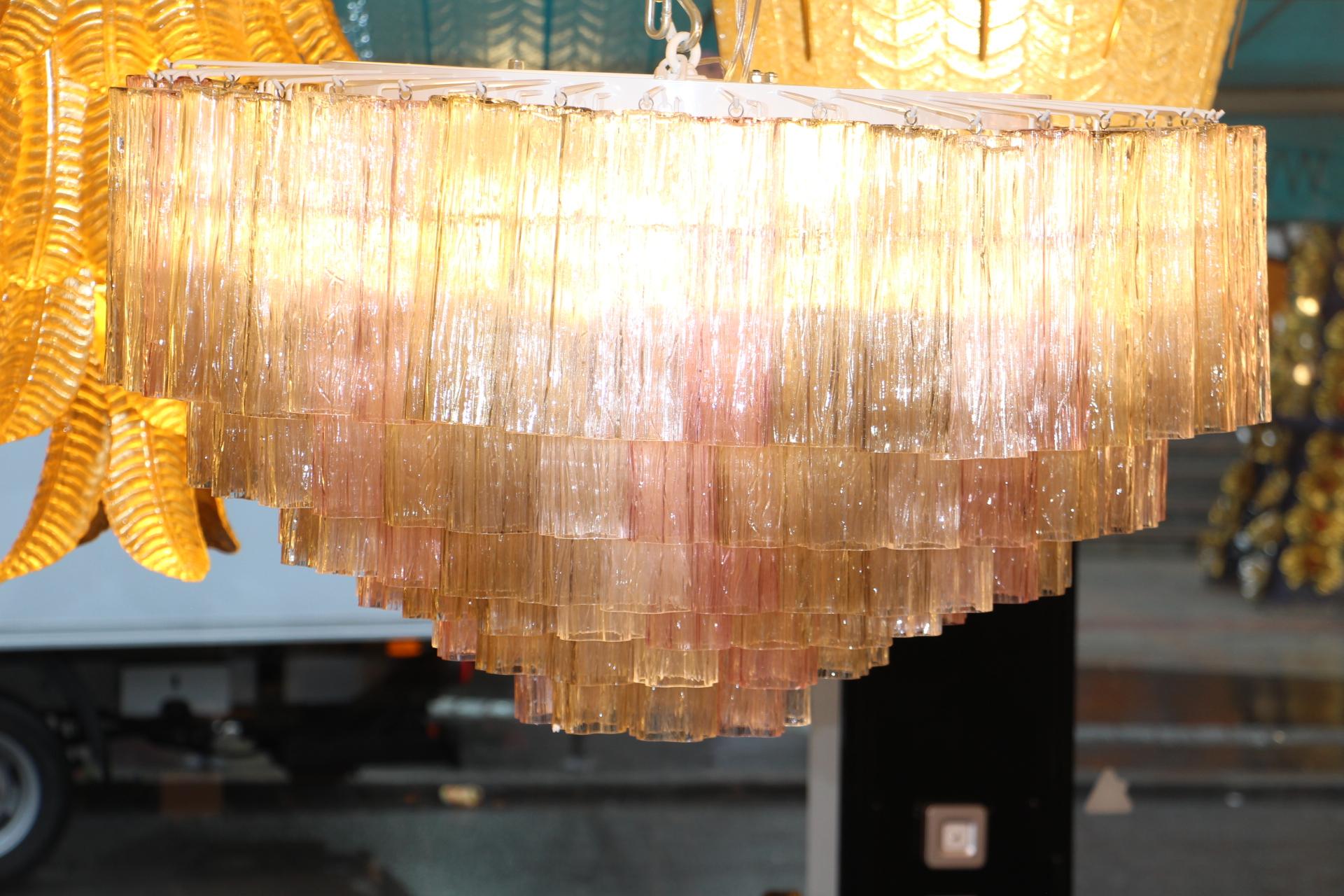 Pink, White and Amber Color Venini Style Tronchi Round Chandelier, Murano Glass 5