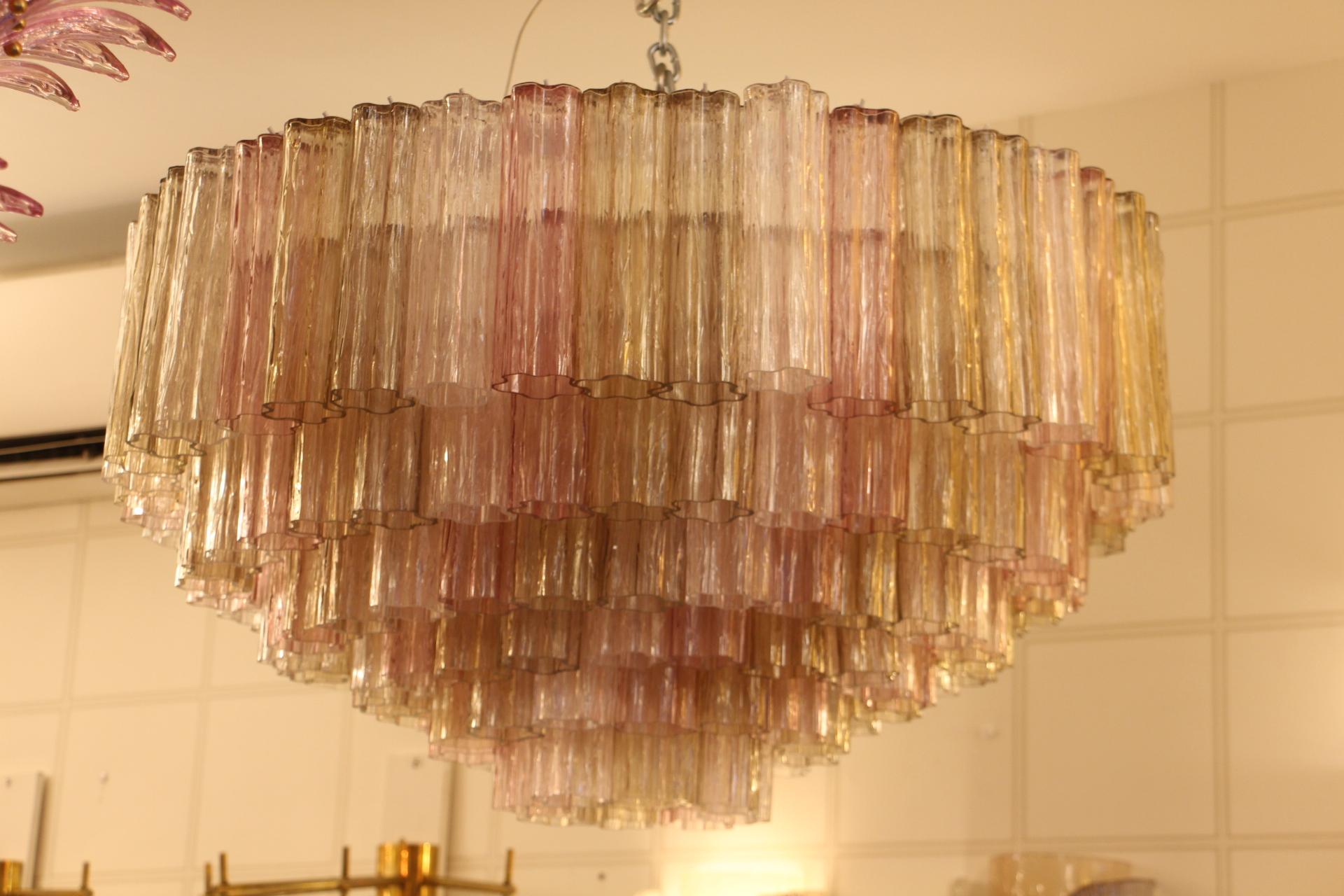 Rosa, weiß und bernsteinfarbener Venini Stil Tronchi Runder Kronleuchter, Murano Glas im Angebot 6