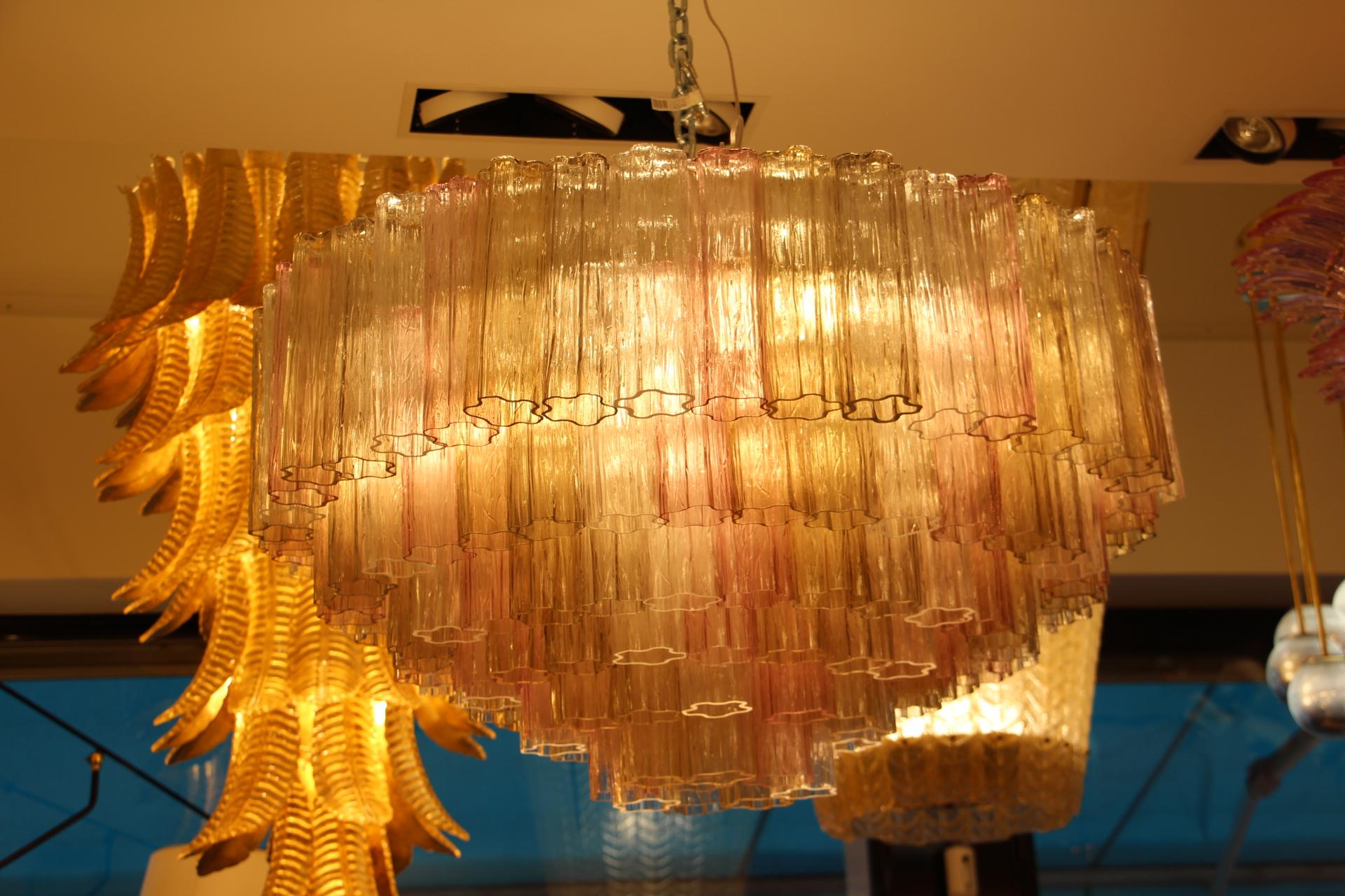 Pink, White and Amber Color Venini Style Tronchi Round Chandelier, Murano Glass 12