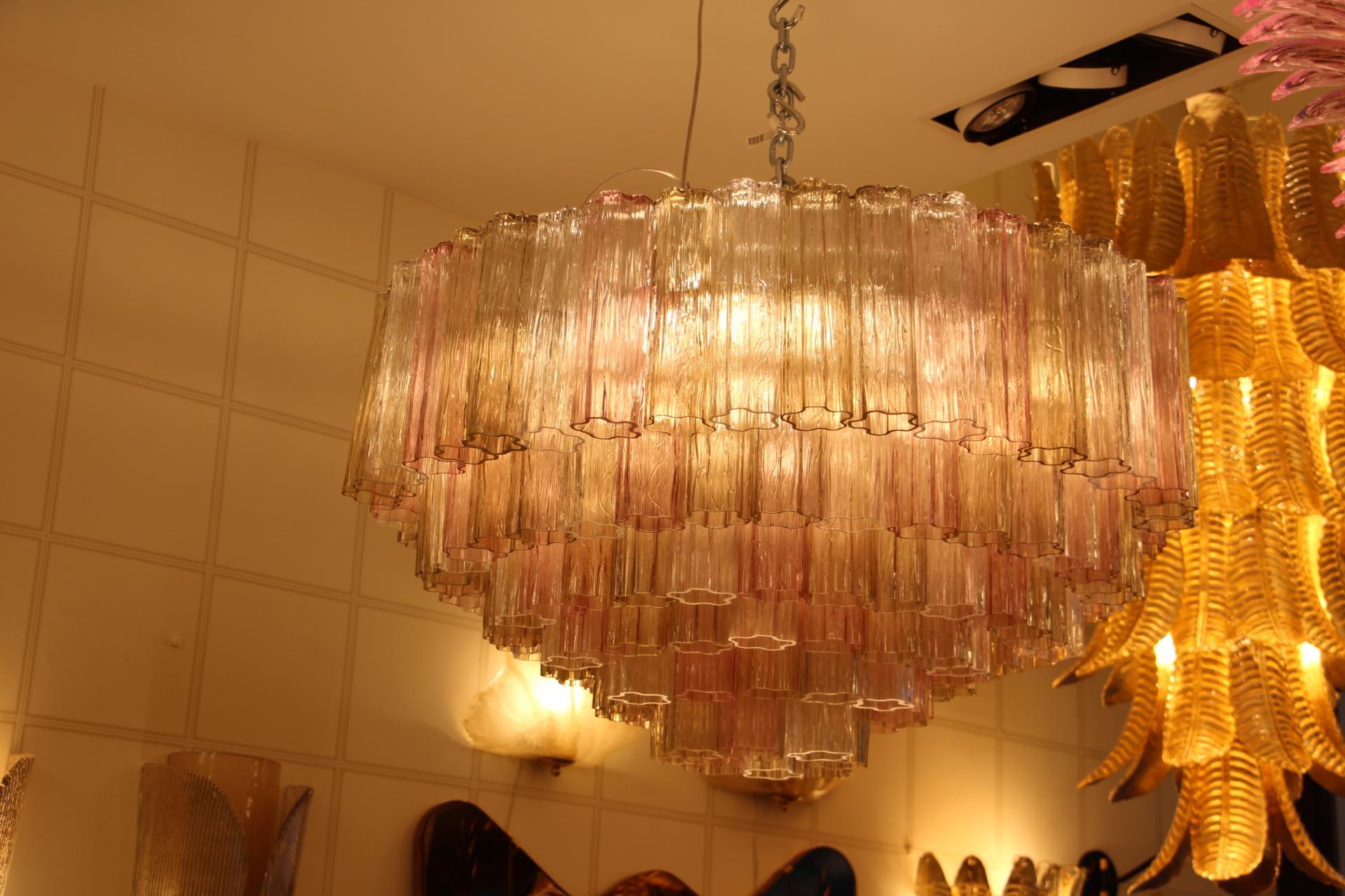Mid-Century Modern Pink, White and Amber Color Venini Style Tronchi Round Chandelier, Murano Glass For Sale