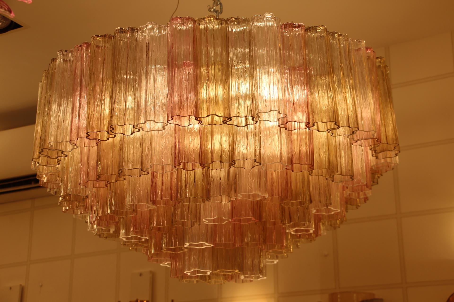 Italian Pink, White and Amber Color Venini Style Tronchi Round Chandelier, Murano Glass
