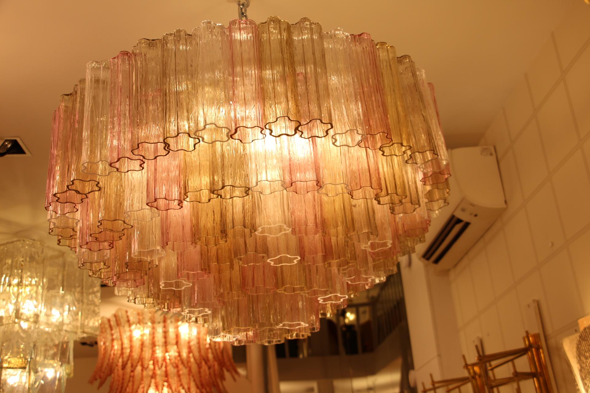 20th Century Pink, White and Amber Color Venini Style Tronchi Round Chandelier, Murano Glass
