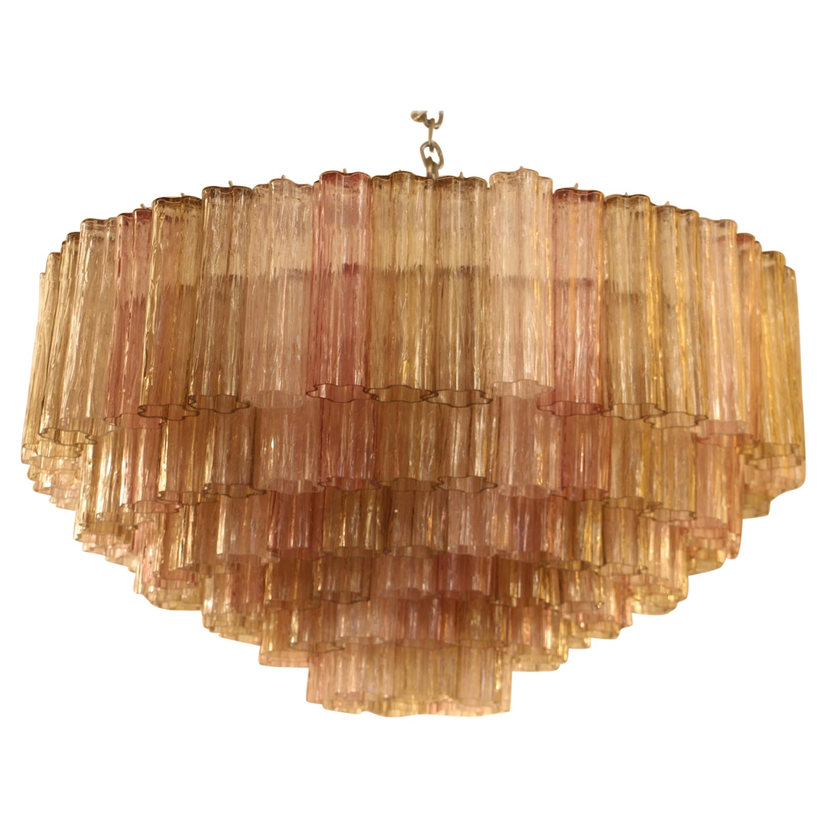 Pink, White and Amber Color Venini Style Tronchi Round Chandelier, Murano Glass