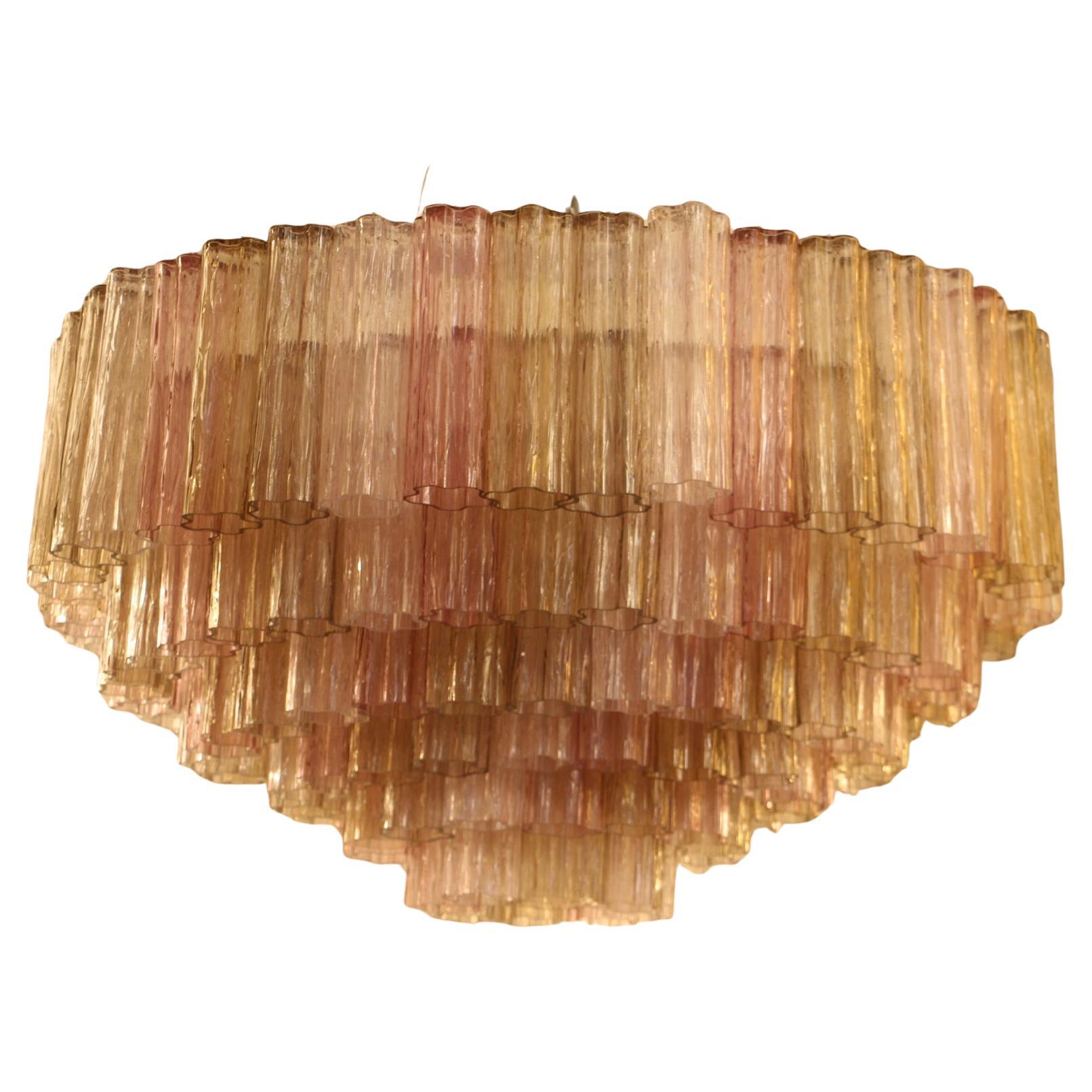 Rosa, weiß und bernsteinfarbener Venini Stil Tronchi Runder Kronleuchter, Murano Glas im Angebot