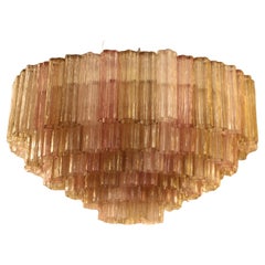 Pink, White and Amber Color Venini Style Tronchi Round Chandelier, Murano Glass