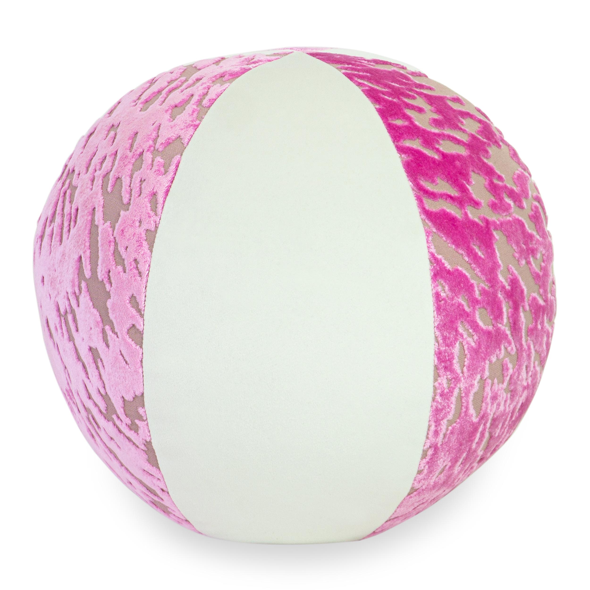 Ball pillow with beach ball design. Pink cut velvet with white solid velvet. Firm and with a bit of weight to it. Handmade in Norwalk CT.

Measurements:
Overall: 12” W x 12” H
Disclaimer: Due to their handcrafted nature, the final size and shape of