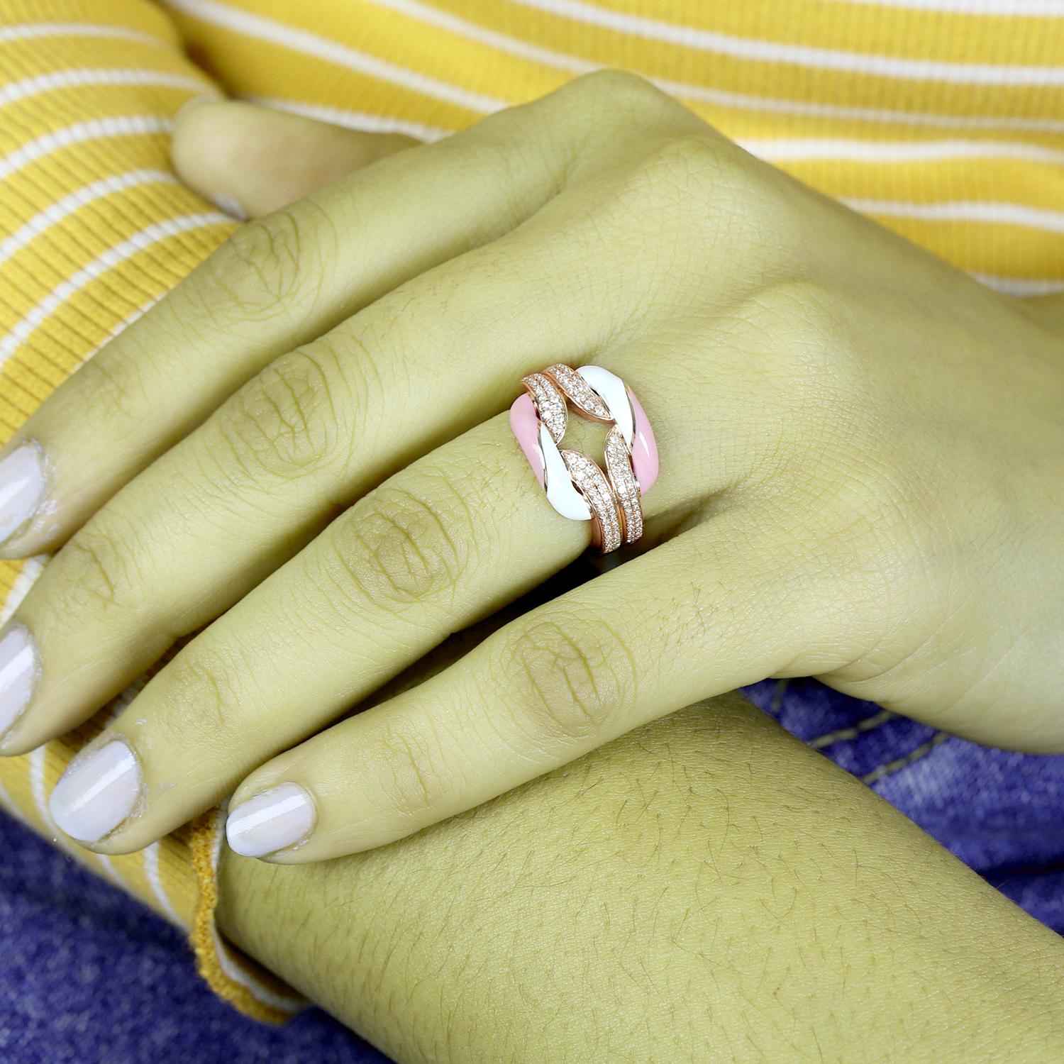 Art Nouveau Pink & White Ceramic Inlay Ring with Vs Diamonds Made in 18k Rose Gold For Sale
