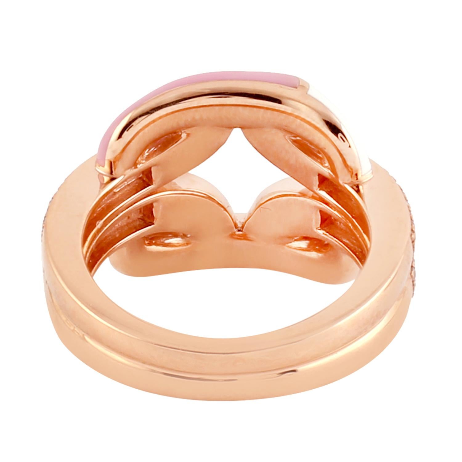 Mixed Cut Pink & White Ceramic Inlay Ring with Vs Diamonds Made in 18k Rose Gold For Sale