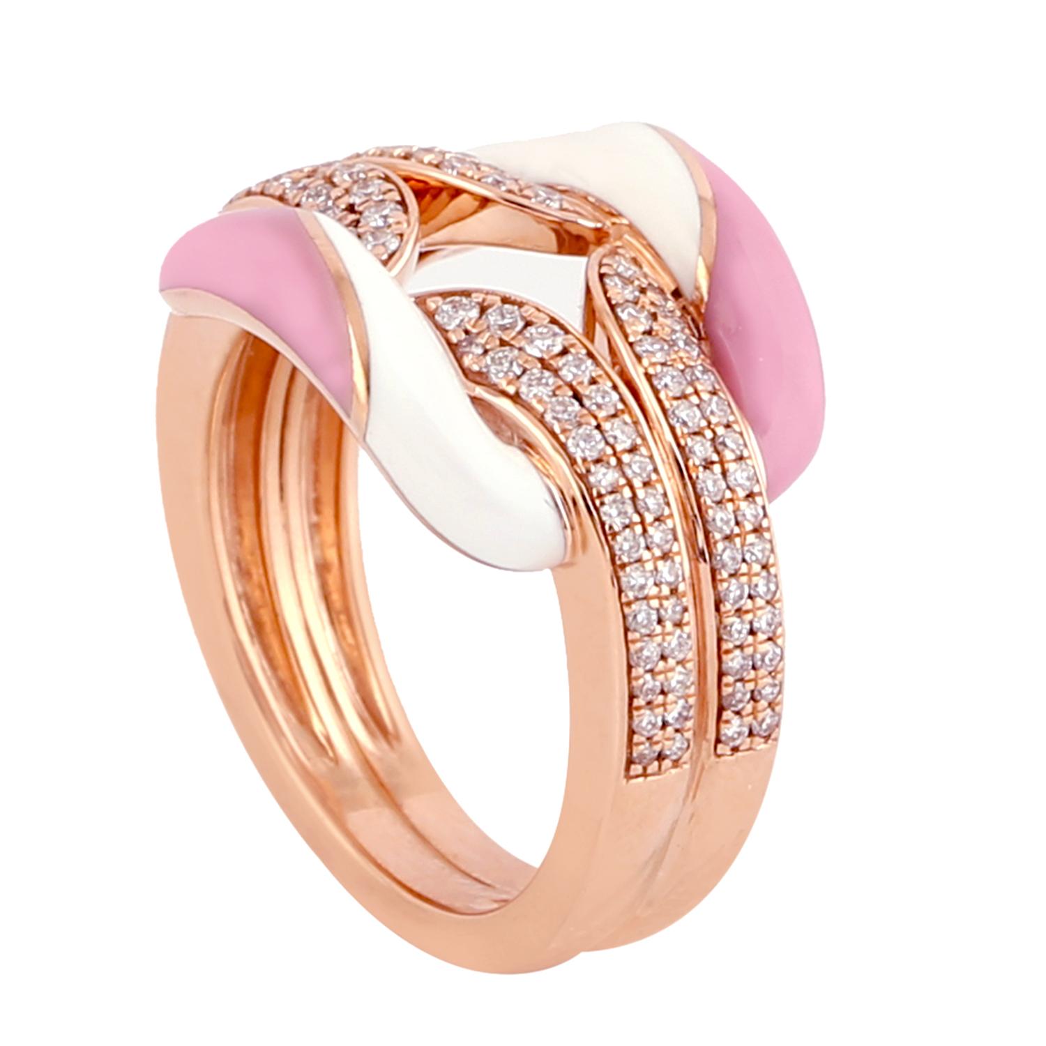 Pink & White Ceramic Inlay Ring with Vs Diamonds Made in 18k Rose Gold In New Condition For Sale In New York, NY