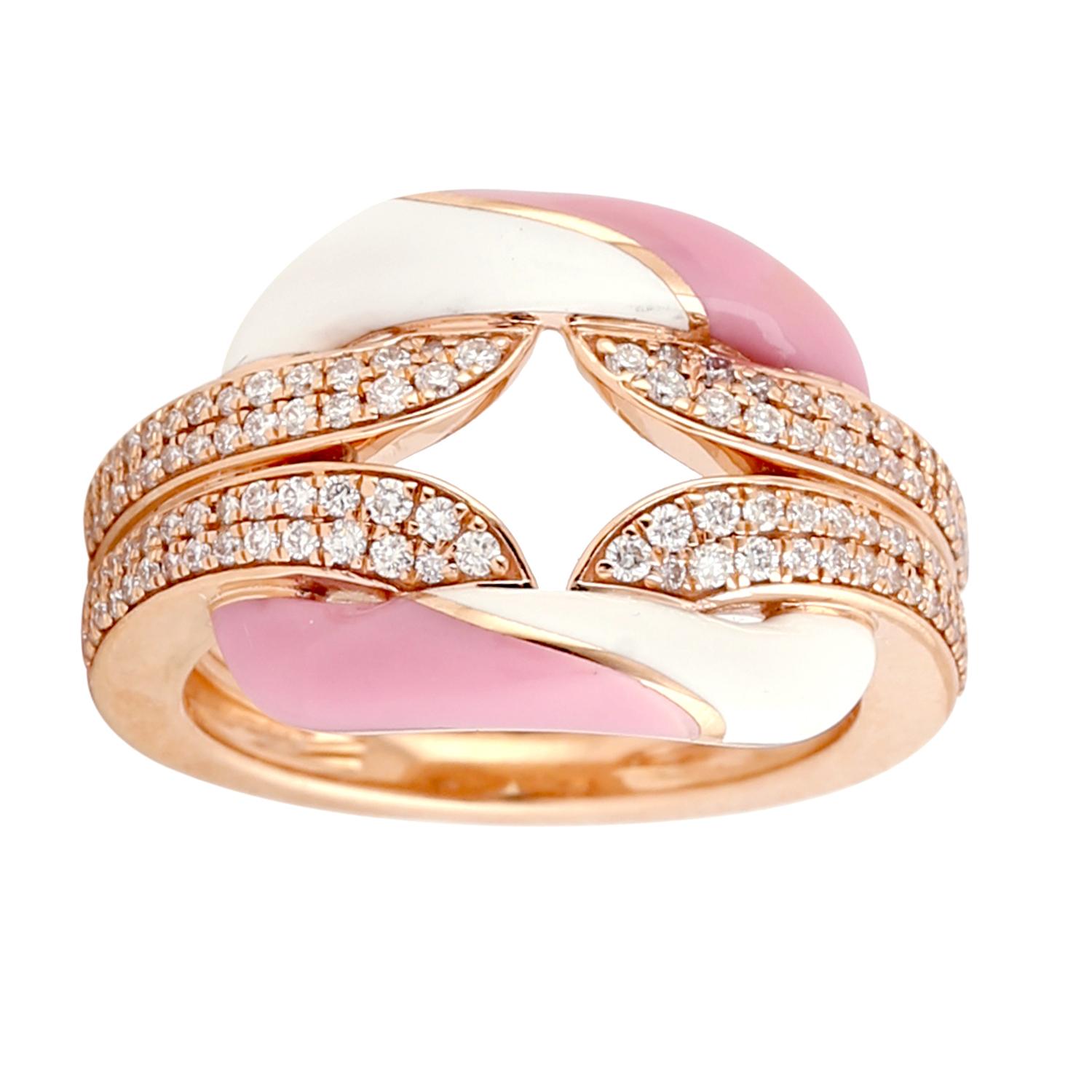Women's Pink & White Ceramic Inlay Ring with Vs Diamonds Made in 18k Rose Gold For Sale