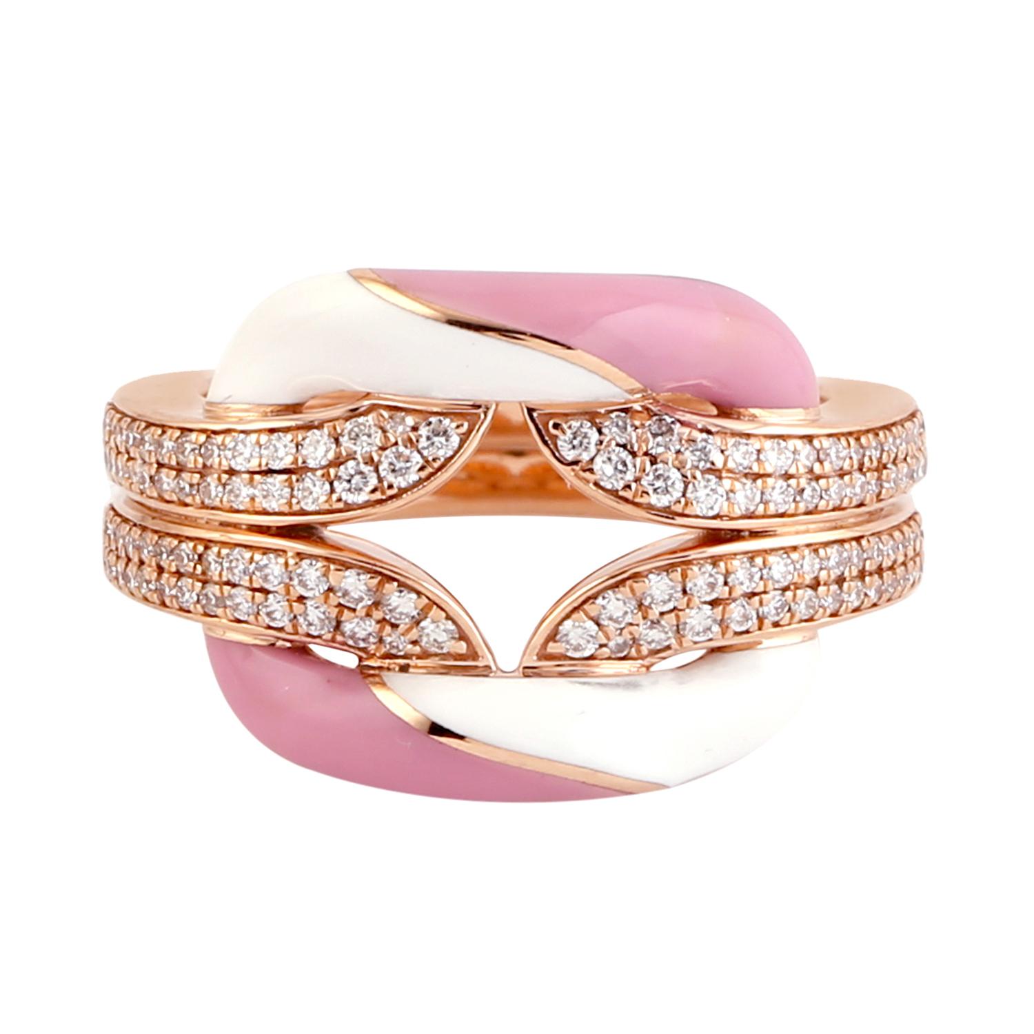 Pink & White Ceramic Inlay Ring with Vs Diamonds Made in 18k Rose Gold For Sale 1