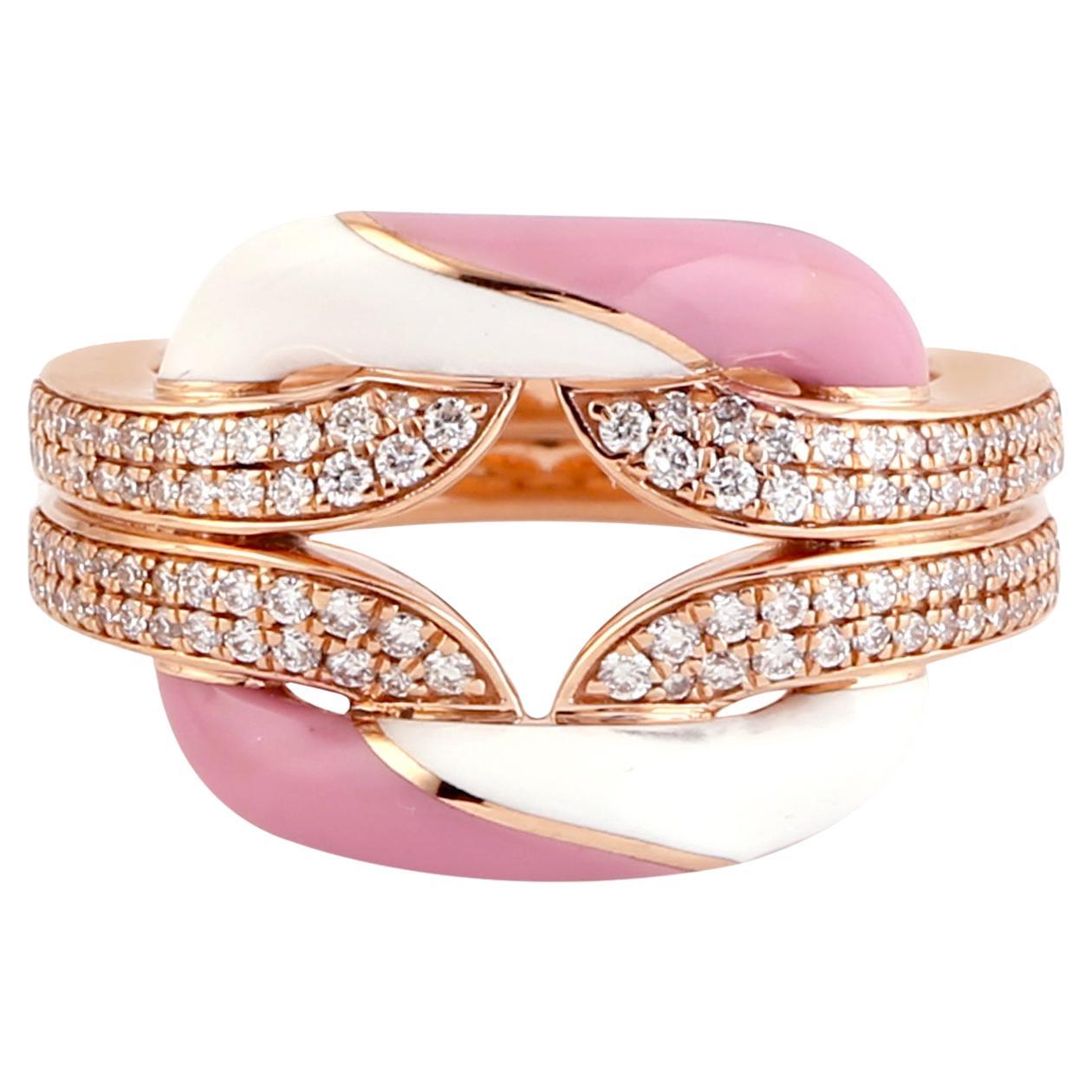 Pink & White Ceramic Inlay Ring with Vs Diamonds Made in 18k Rose Gold For Sale