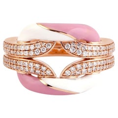 Bague en or rose 18 carats avec incrustation de céramique rose et blanche et diamants VS