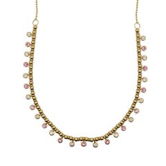 Pink & White Diamond Bezel Bead Dangle 14K Gold Chain Necklace