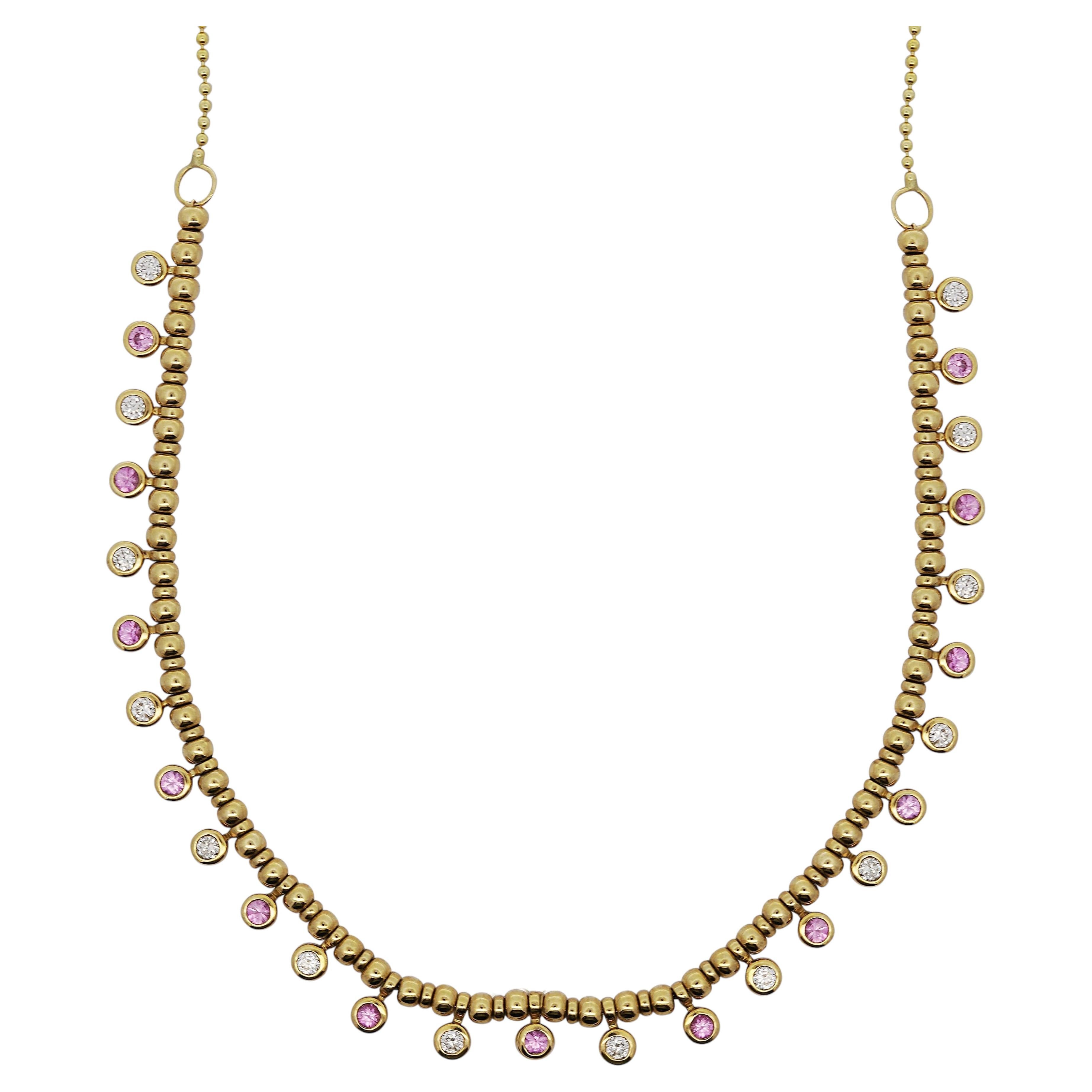Collar con cadena de oro de 14K y colgante colgante con cuentas con bisel de diamantes rosas y blancos