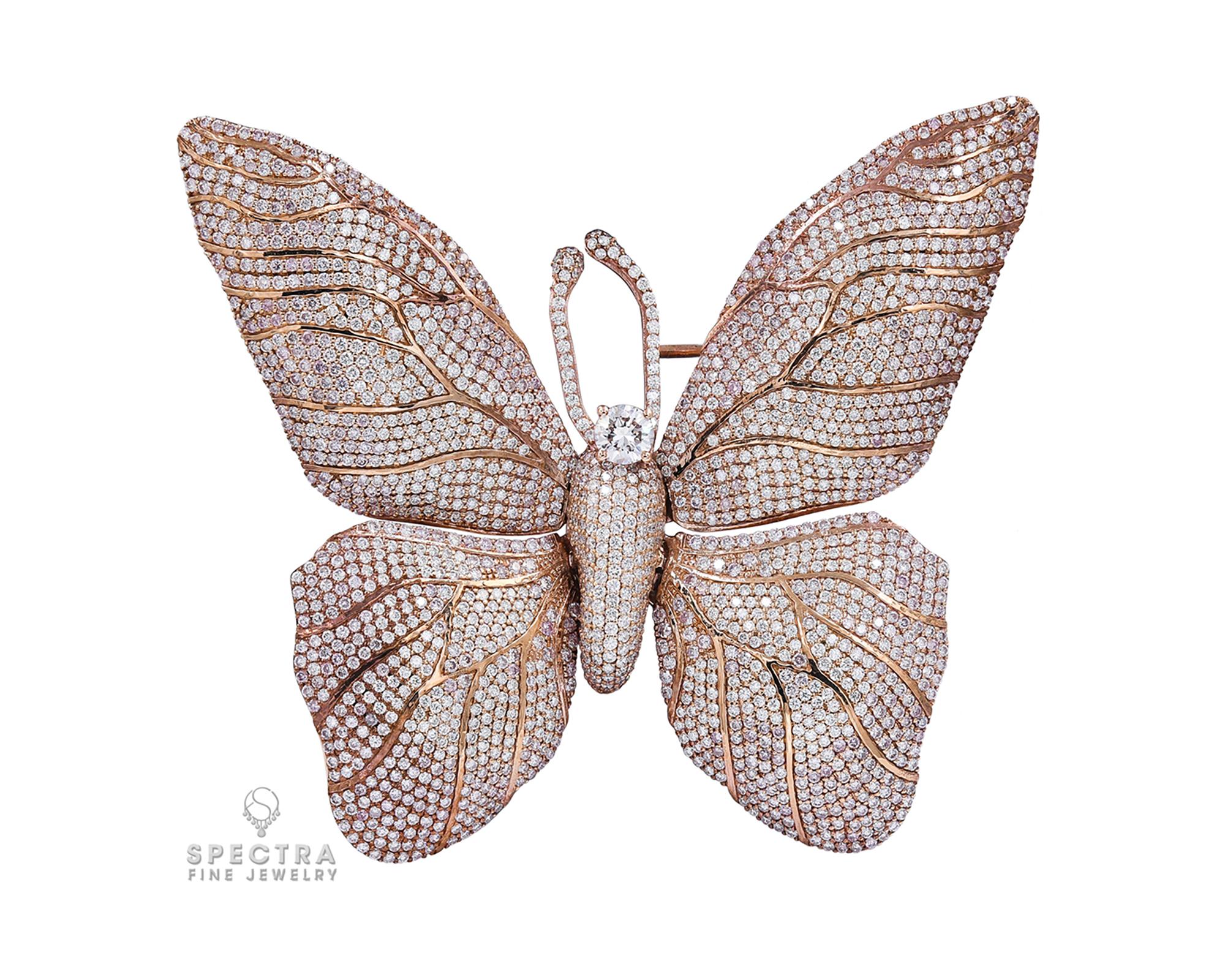Round Cut Spectra Fine Jewelry, Pink White Diamond 'En Tremblant' Butterfly Brooch For Sale