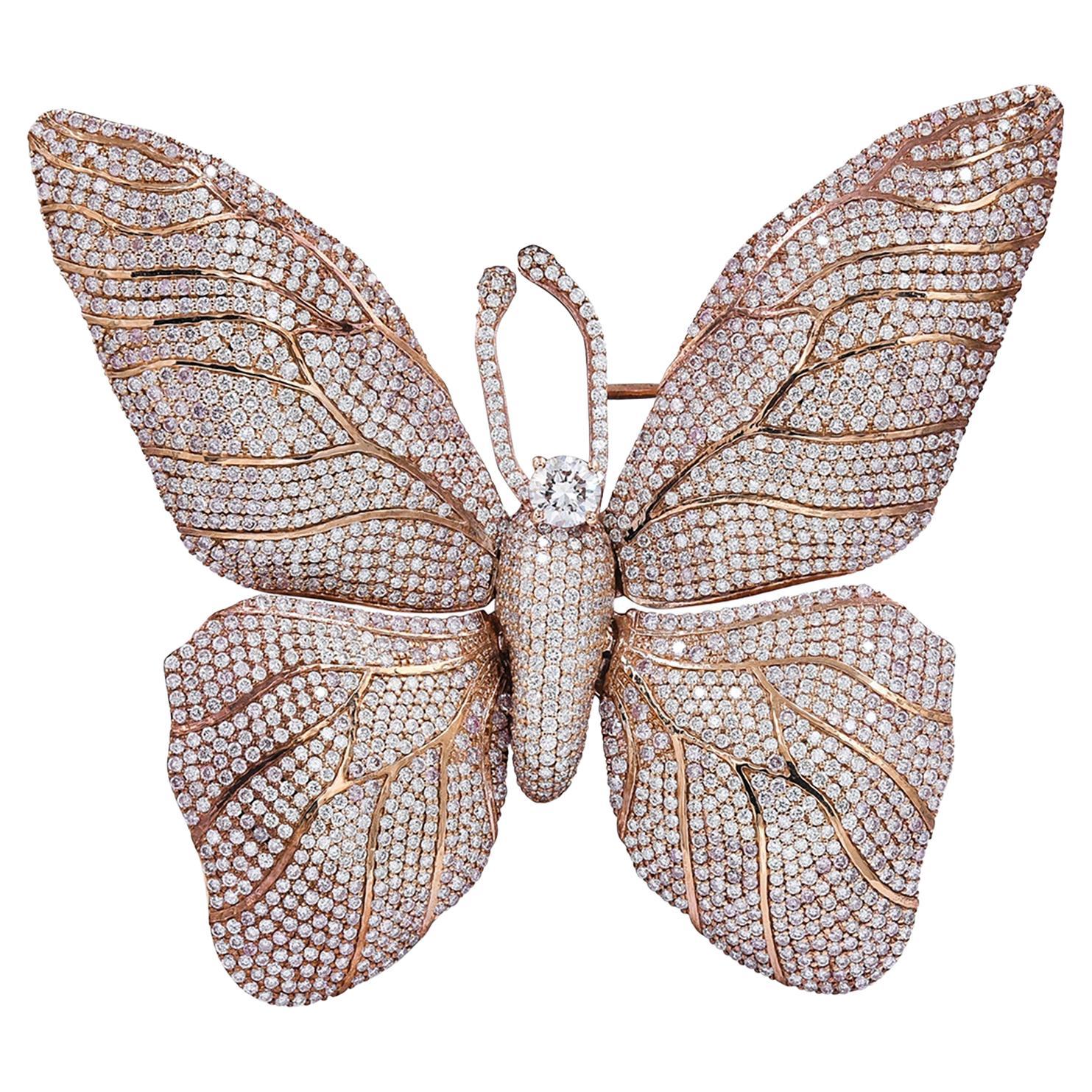 Spectra Broche papillon « En Tremblant » en diamants blancs et roses, bijouterie d'art