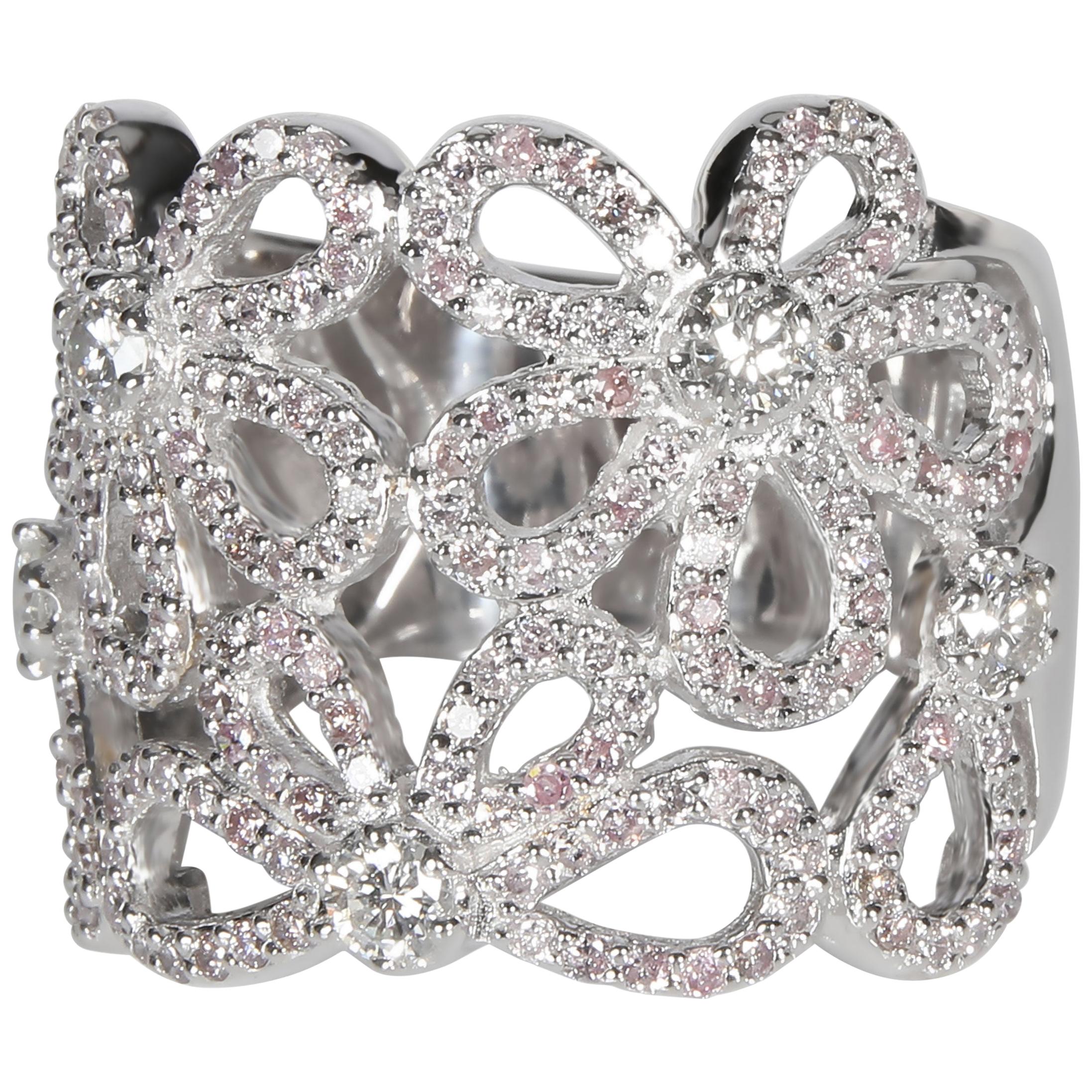 Pink and White Diamond Flower Ring in 18 Karat White Gold 1.30 Carat