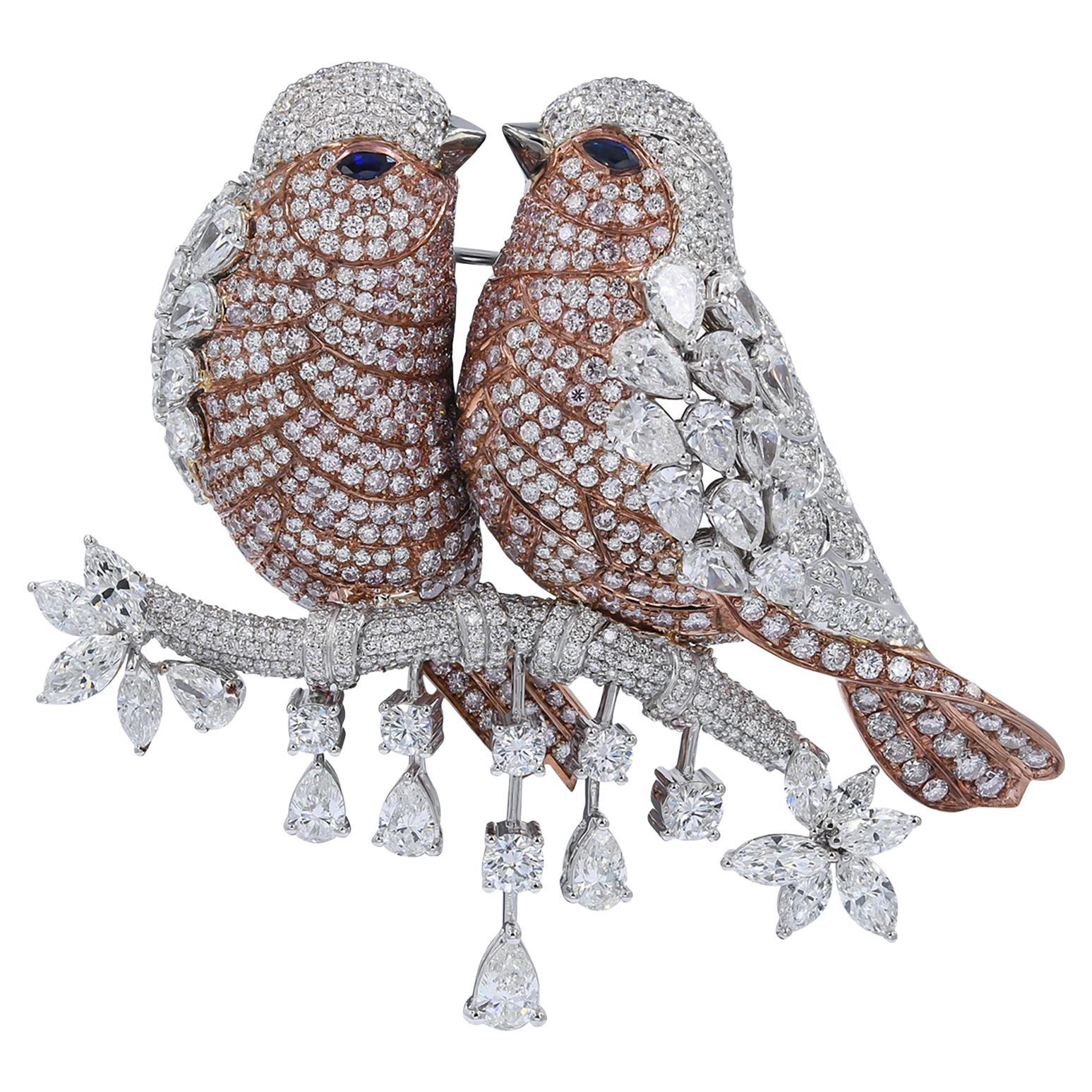 Brosche "Zwei Liebesvögel" von Fine Jewelry, rosa-weißer Diamant