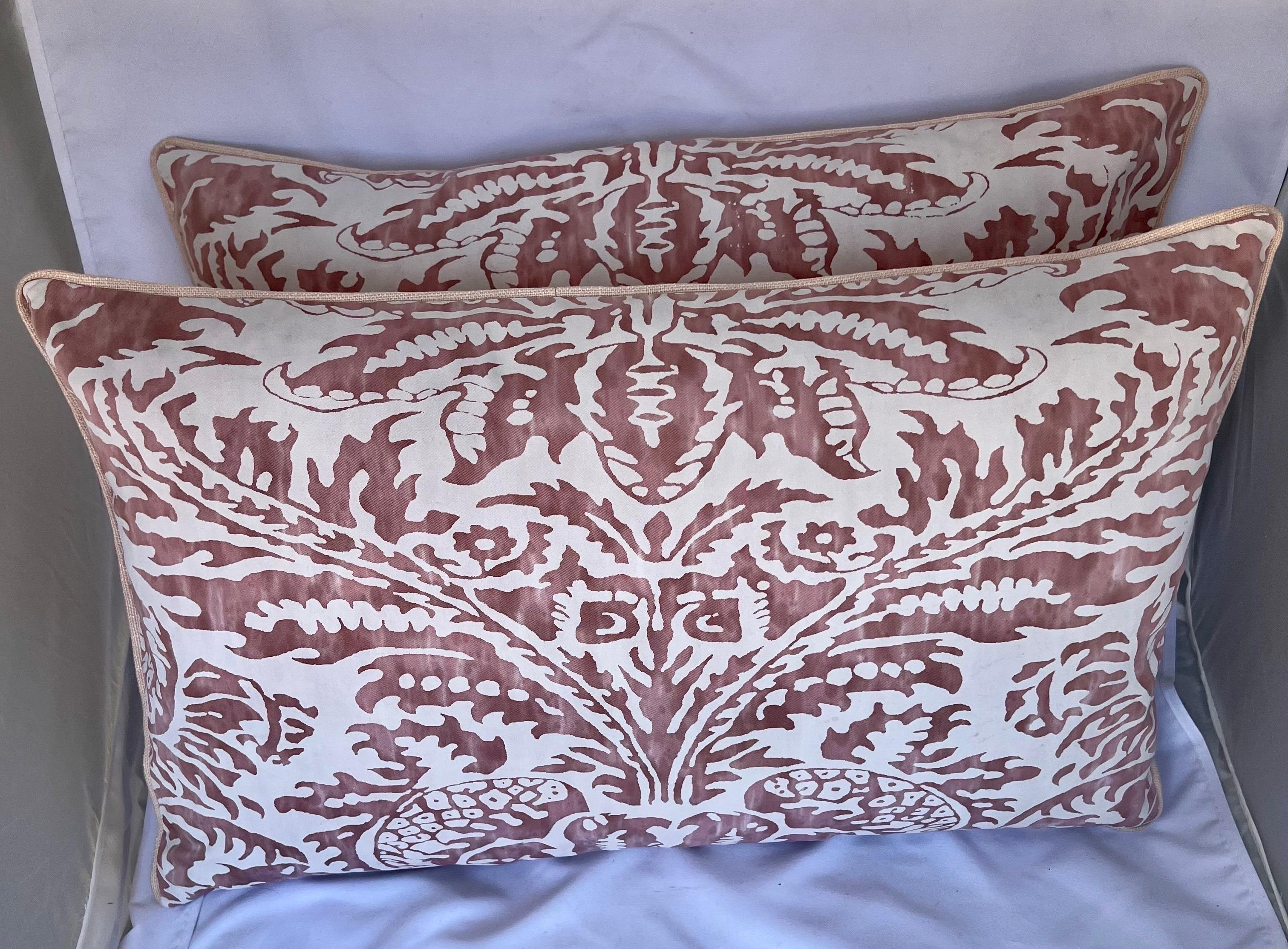 Pair of custom pillows made with pink & white Fortuny patterned pillow fronts and soft colored pink backs.  Down inserts, zipper closures.