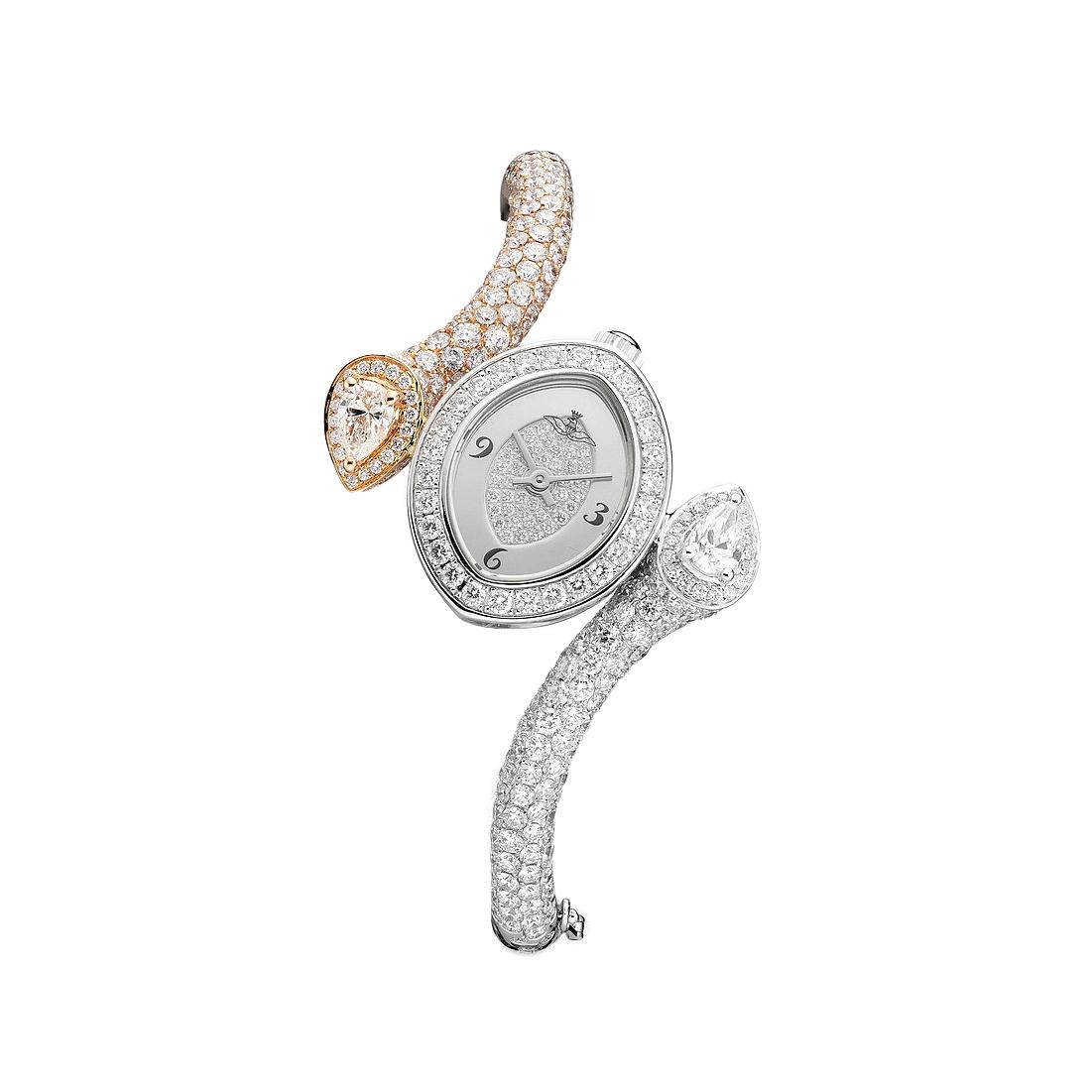Watch in pink and white gold 18kt set with 2 pear-shaped diamonds 0.78 cts case dial and bracelet set with 342 diamonds 5.64 cts quartz movement