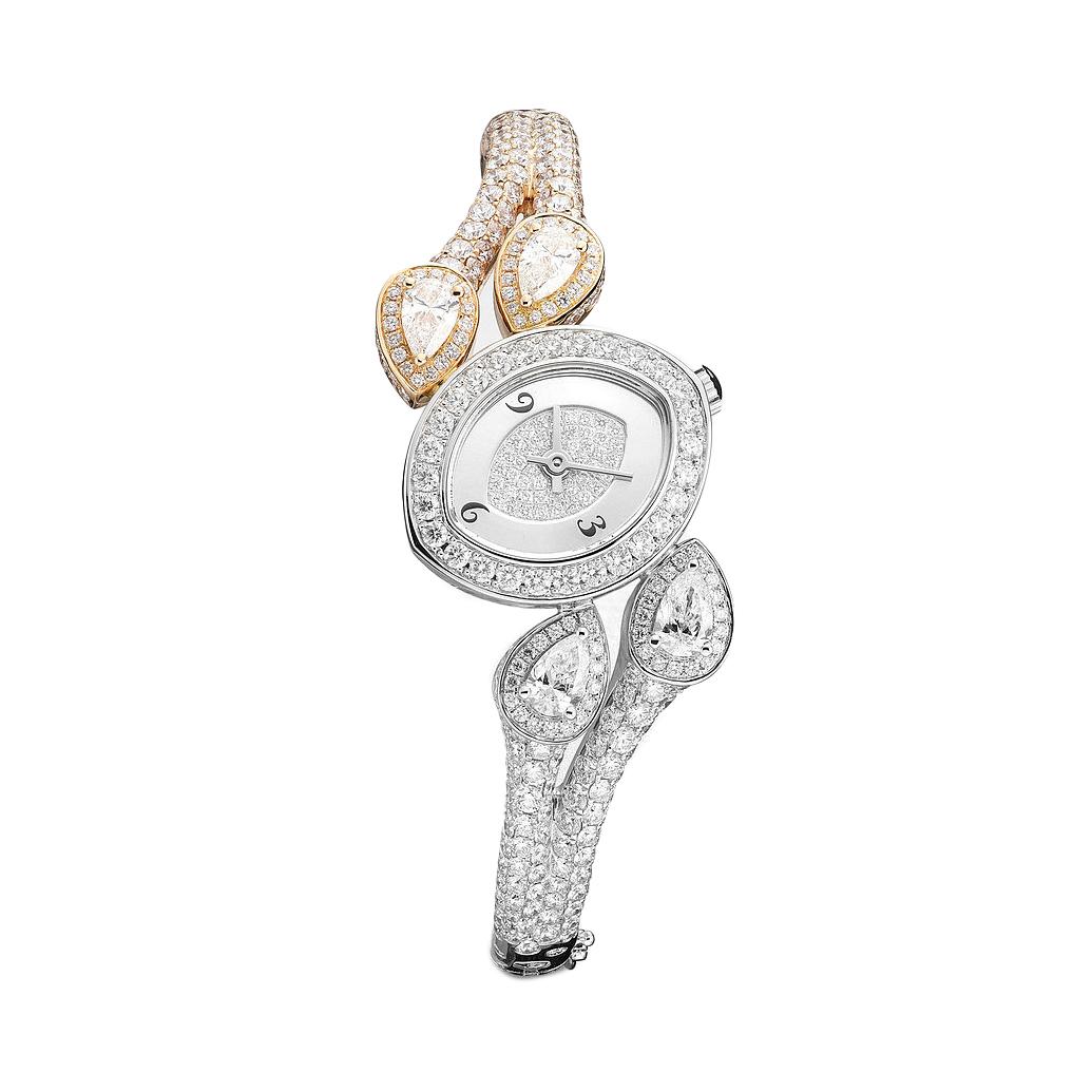 Watch in pink and white gold 18kt set with 4 pear-shaped diamonds 1.28 cts case dial and bracelet set with 354 diamonds 4.87 cts quartz movement.

We do not guarantee the functioning of this watch.