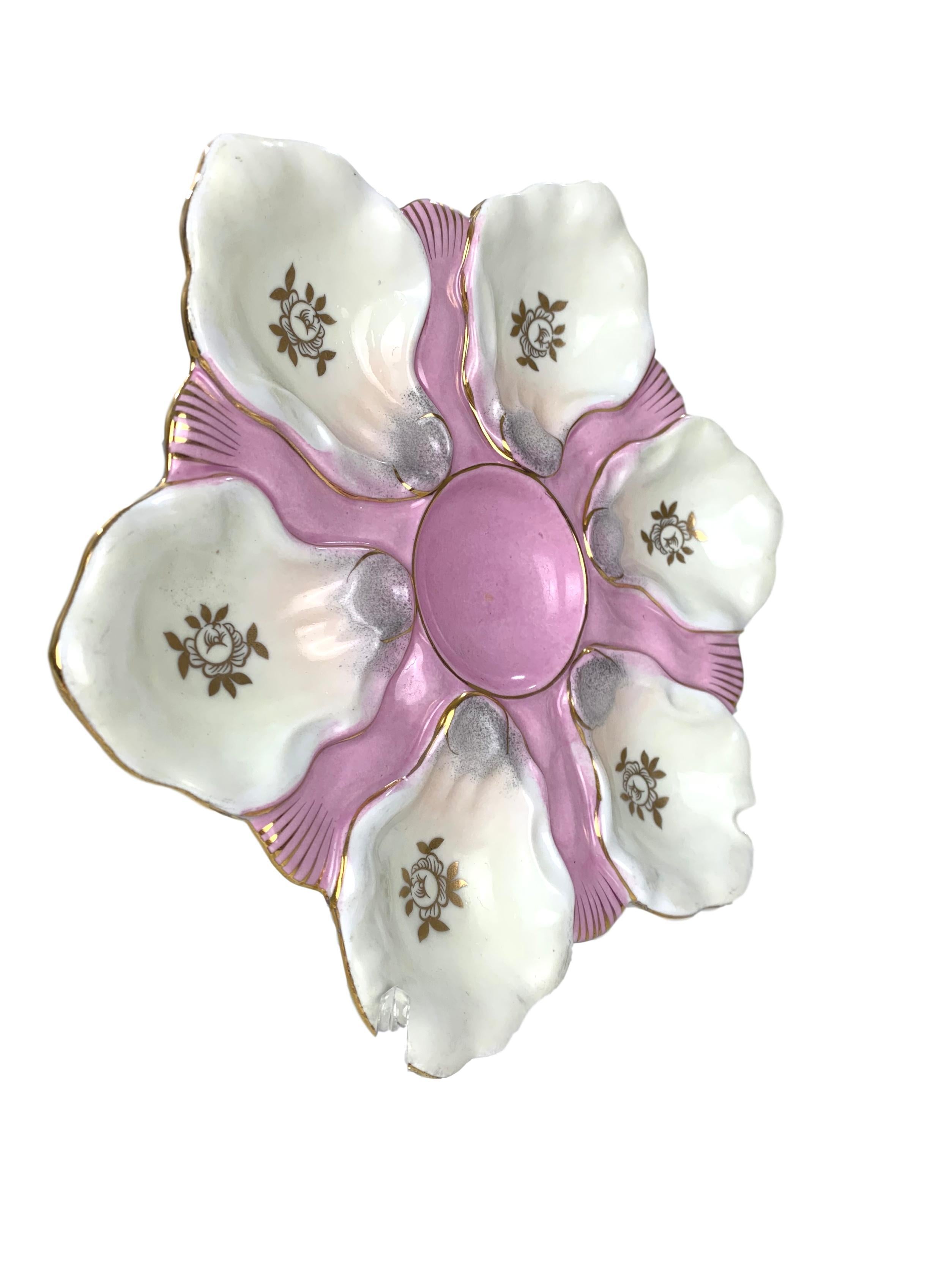 English Pink White & Gold Porcelain Oyster Plates