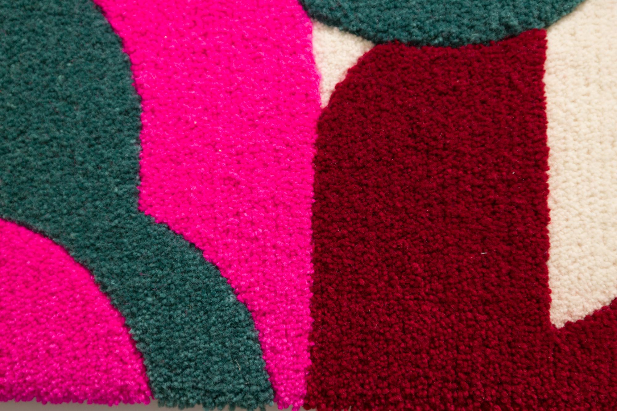 Modern Pink White & Green Abstract Tapestry, Tufted New Zealand Wool For Sale