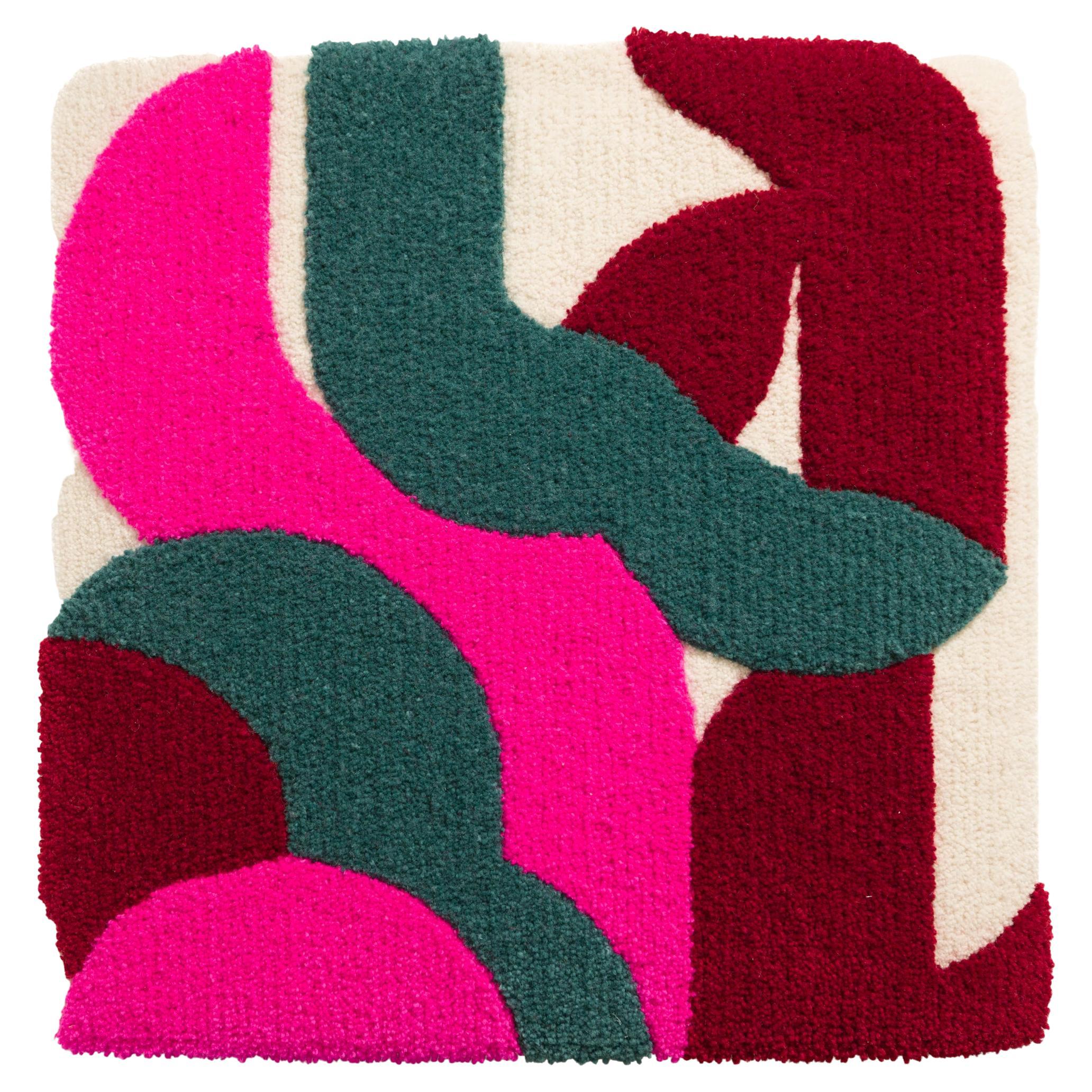 Tapisserie abstraite rose, blanche et verte, laine de Nouvelle-Zélande touffue