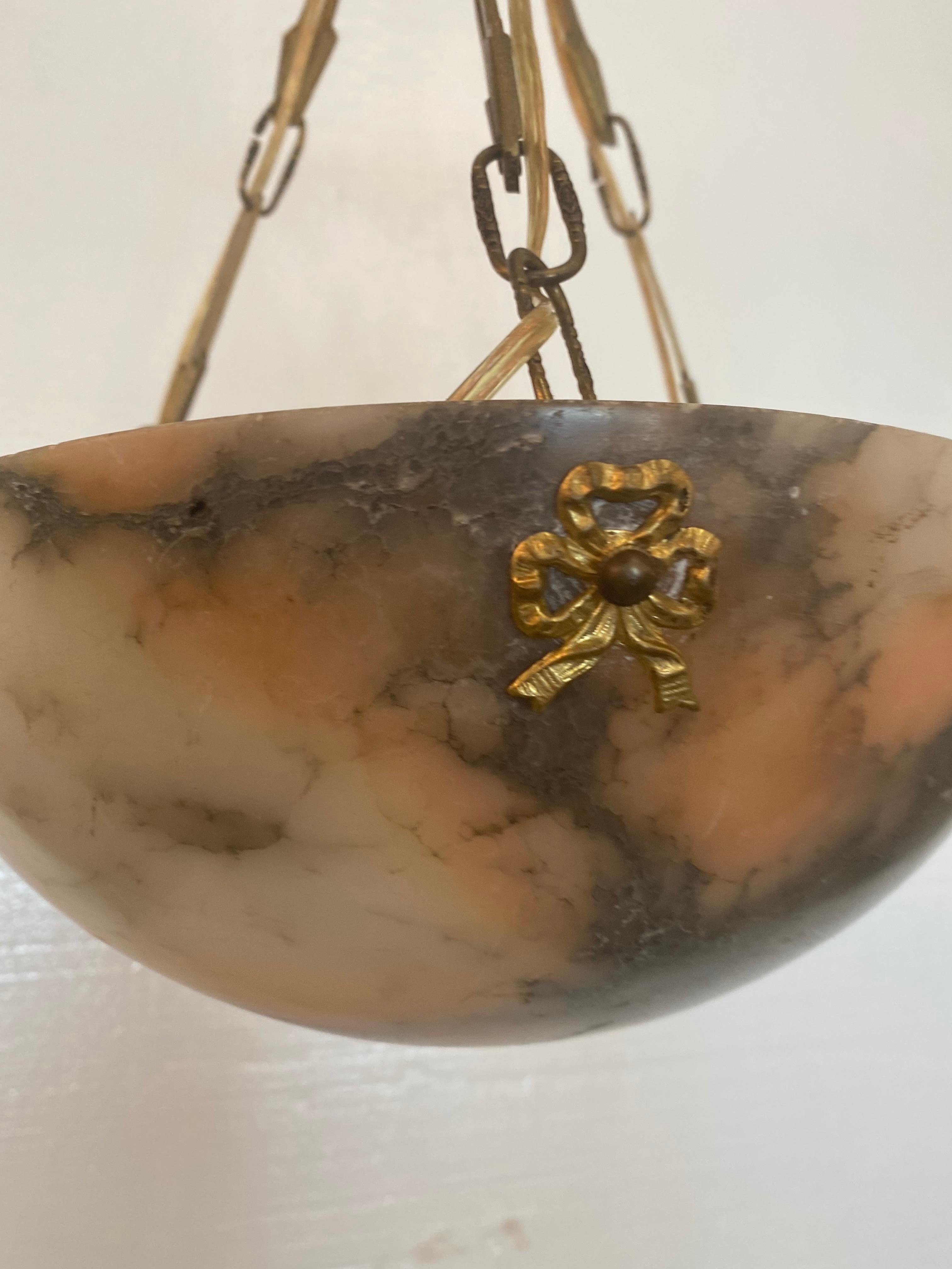 French Pink and White Marble Dore Bronze Vintage Chandelier For Sale
