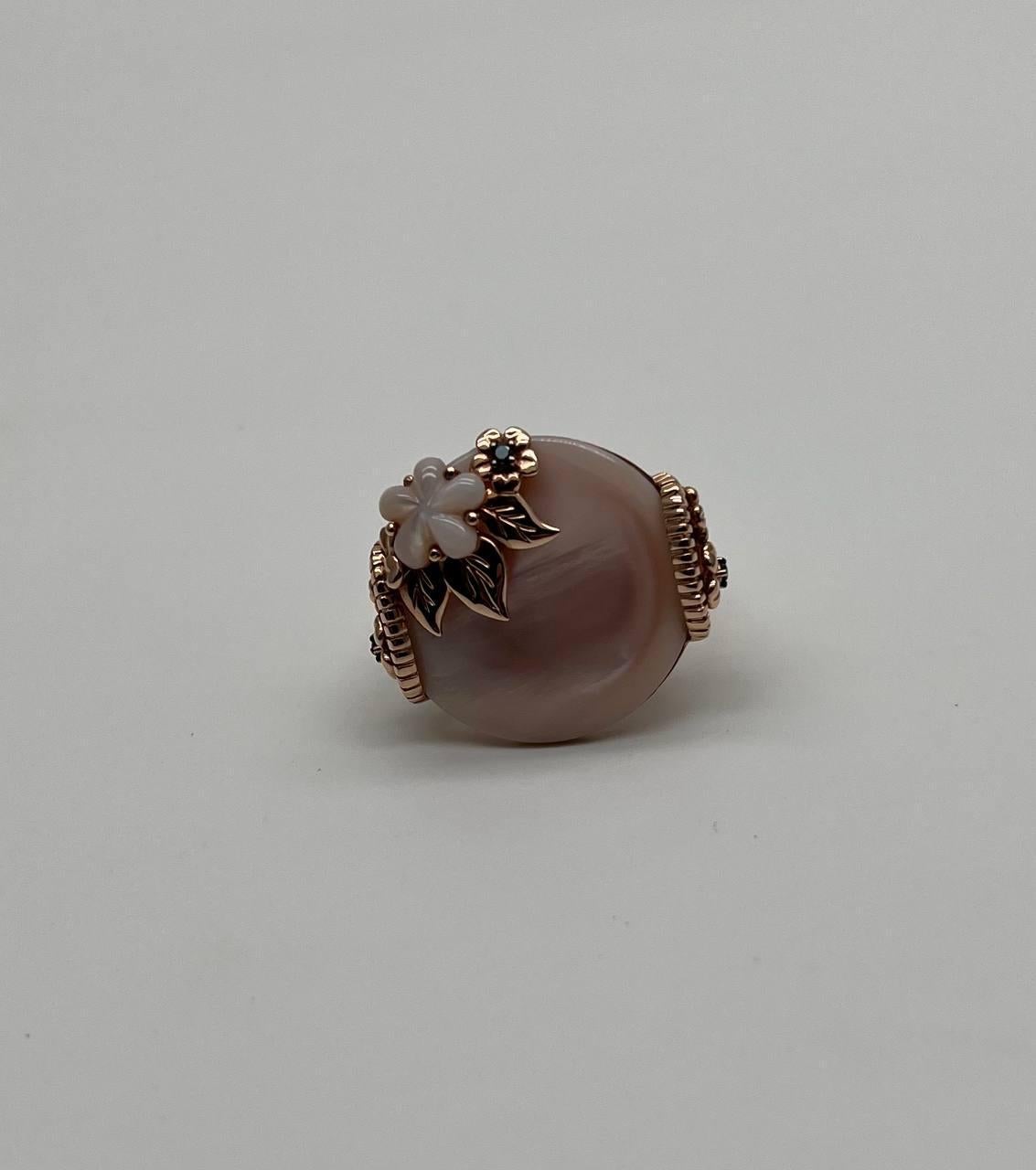 Pink White Mother of Pearl Floral Flower Nature Leaf Inspired 14K Rose Gold Ring For Sale 1