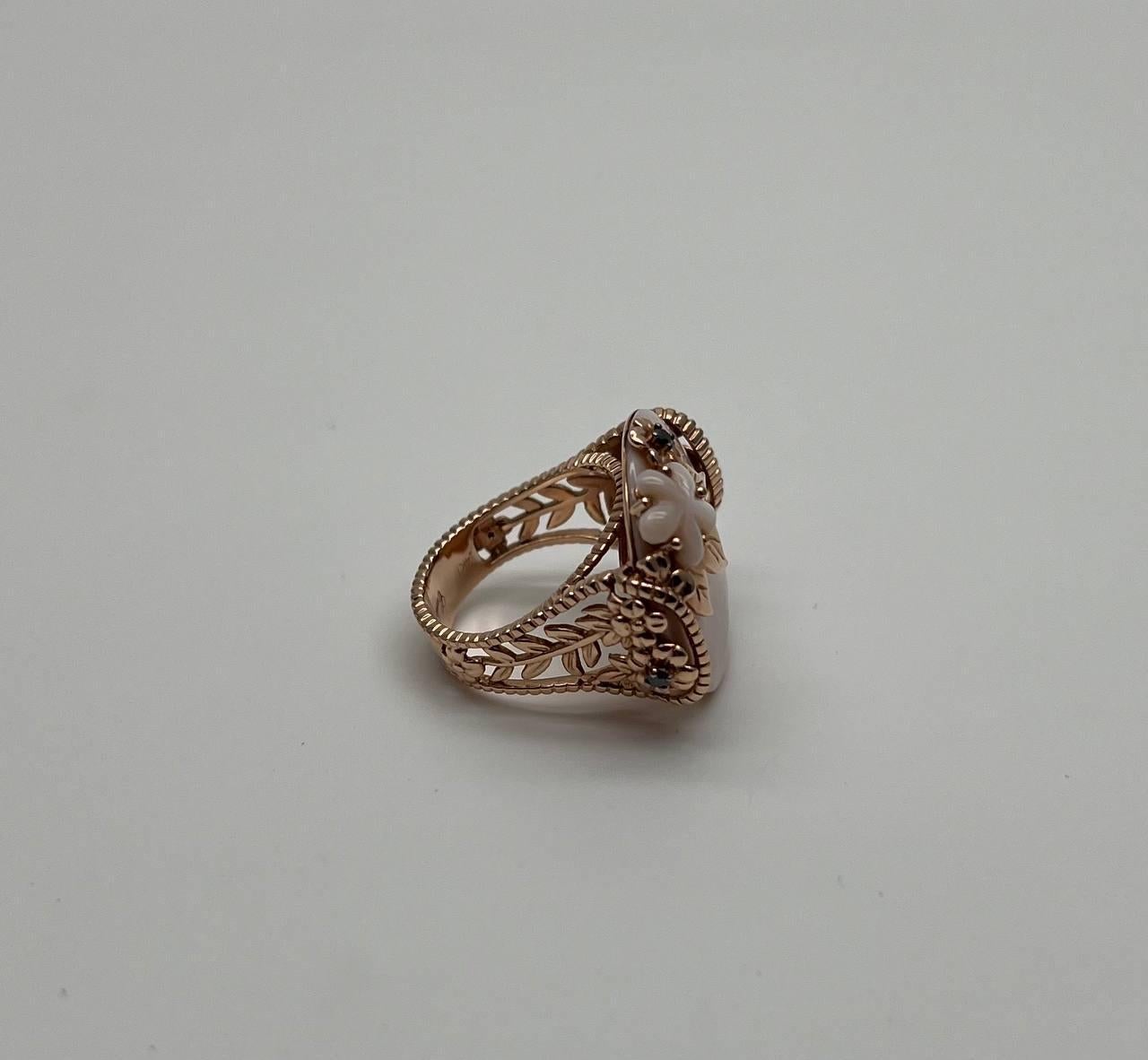Pink White Mother of Pearl Floral Flower Nature Leaf Inspired 14K Rose Gold Ring For Sale 2