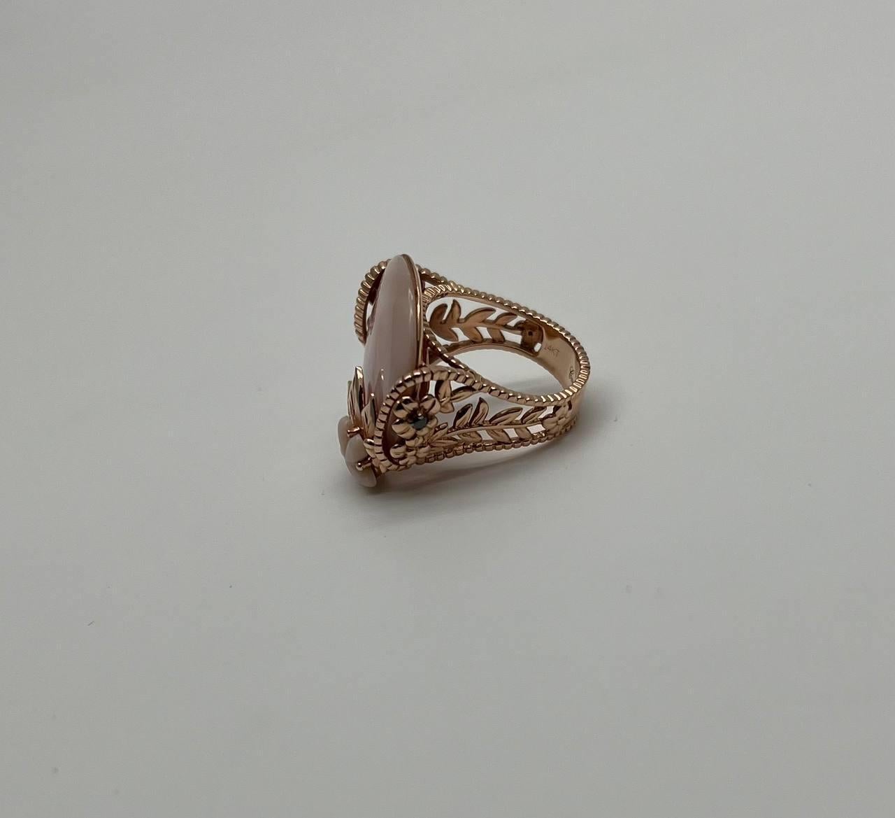 Pink White Mother of Pearl Floral Flower Nature Leaf Inspired 14K Rose Gold Ring For Sale 3